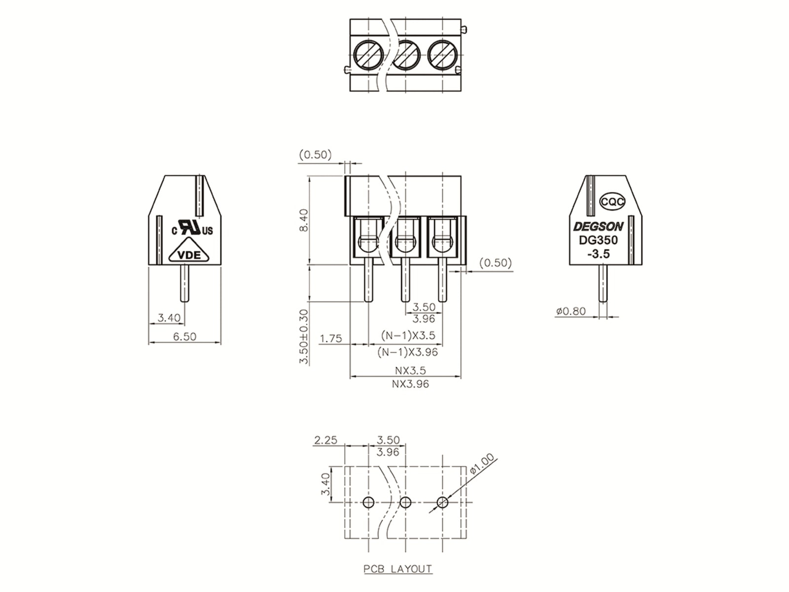 DEGSON Klemmleiste, DG350-3.5-02P-14-00AH, vertikal 2 polig grün