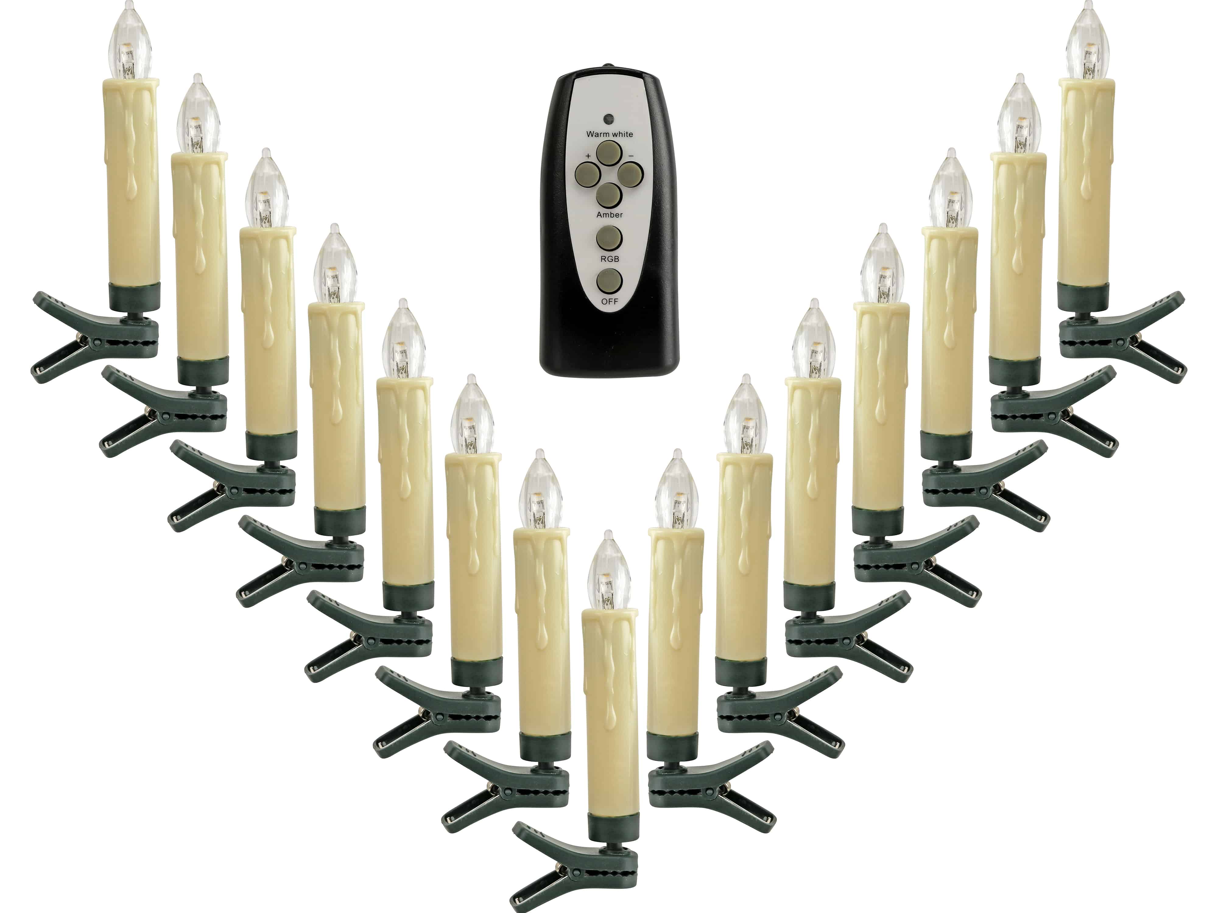 Kabellose LED-Christbaumkerzen, warmweiß, RGB, Dimmbar, Flackerfunktion, 15 Stück