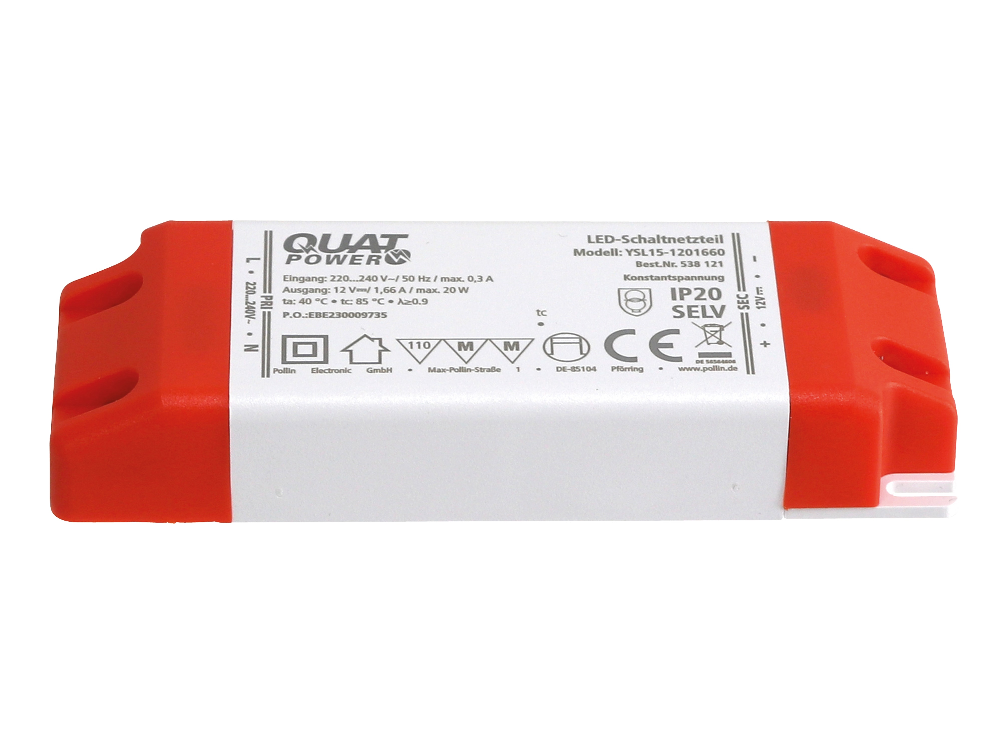 QUATPOWER LED-Schaltnetzteil YSL15-1201660, 12 V, 20 W QUATPOWER LED-Schaltnetzteil YSL15-1201660, 12 V, 20 W