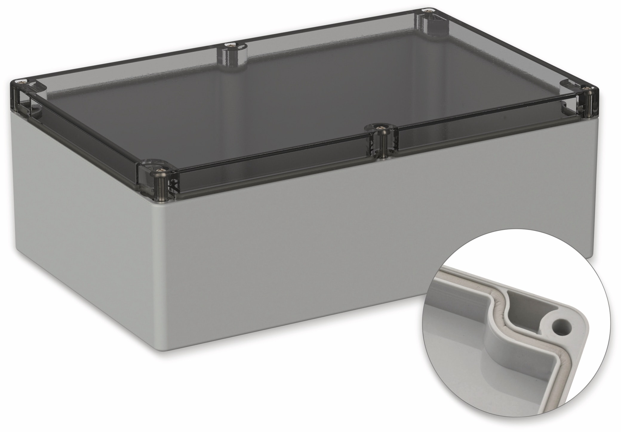 POLLIN, Polycarbonat Gehäuse, 240,3 x 160,3 x 90 mm, IP65, Lichtgrau, Glasklarer Deckel POLLIN, Polycarbonat Gehäuse, 240,3 x 160,3 x 90 mm, IP65, Lichtgrau, Glasklarer Deckel