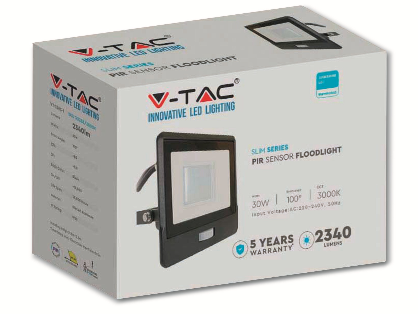 V-TAC LED-Fluter, Bewegungsmelder VT-138S-1 (20288) EEK: F, 30W, 2340 lm, 6500K, schwarz