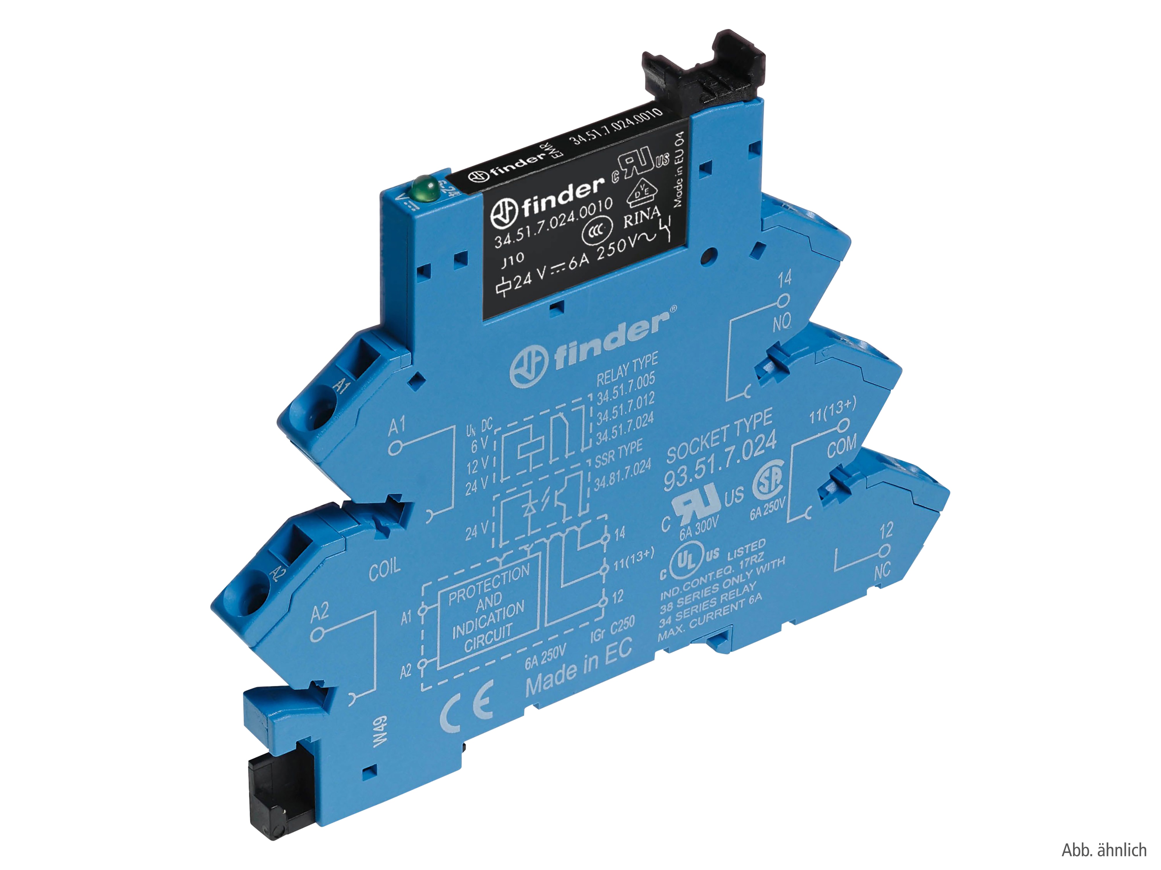 FINDER Koppelrelais mit Zugfederklemmen, 1 Wechsler 6 A, Spule 230-240 V AC, Reststromunterdrückung, 38.61.3.240.0060