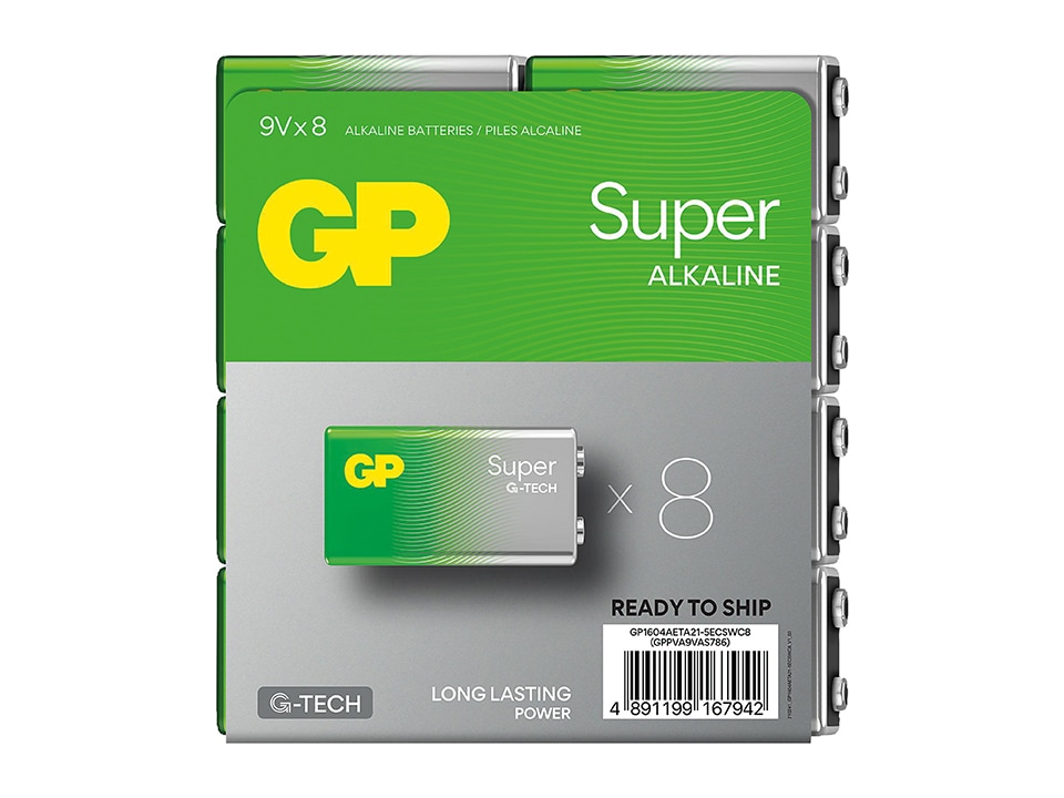 GP Super Alkaline, 9V Block Batterie, 9 V, 8 Stück GP Super Alkaline-Batterie E-Block, 6LR61, MN1604, 9V, 8 Stück