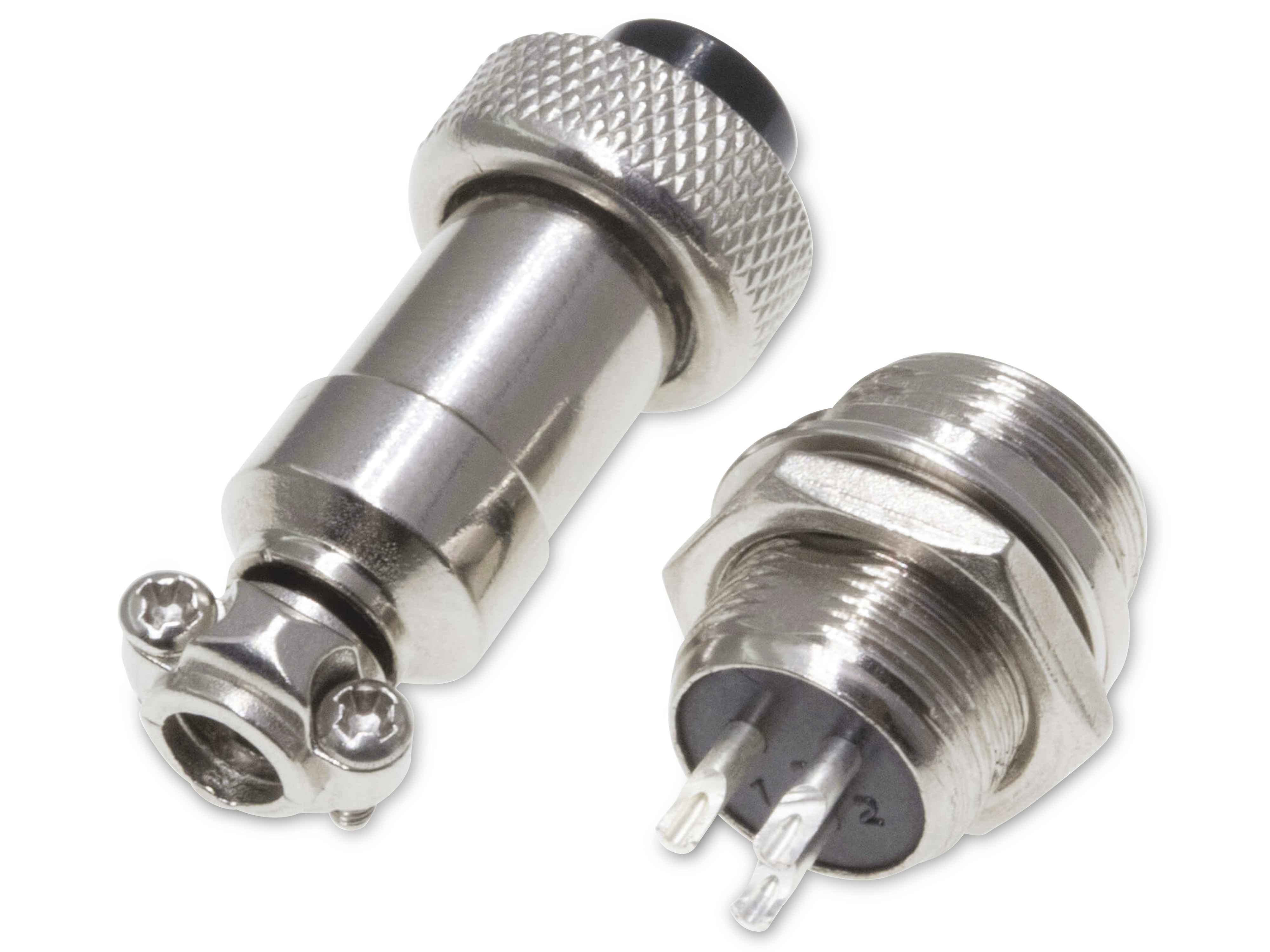 Rundsteckverbinder, 3-polig, 250V, 3A, Lötanschluss, IP55, wire to panel, 1 Stecker + 1 Buchse Rundsteckverbinder, 3-polig, 250V, 3A, Lötanschluss, IP55, wire to panel, 1 Stecker + 1 Buchse