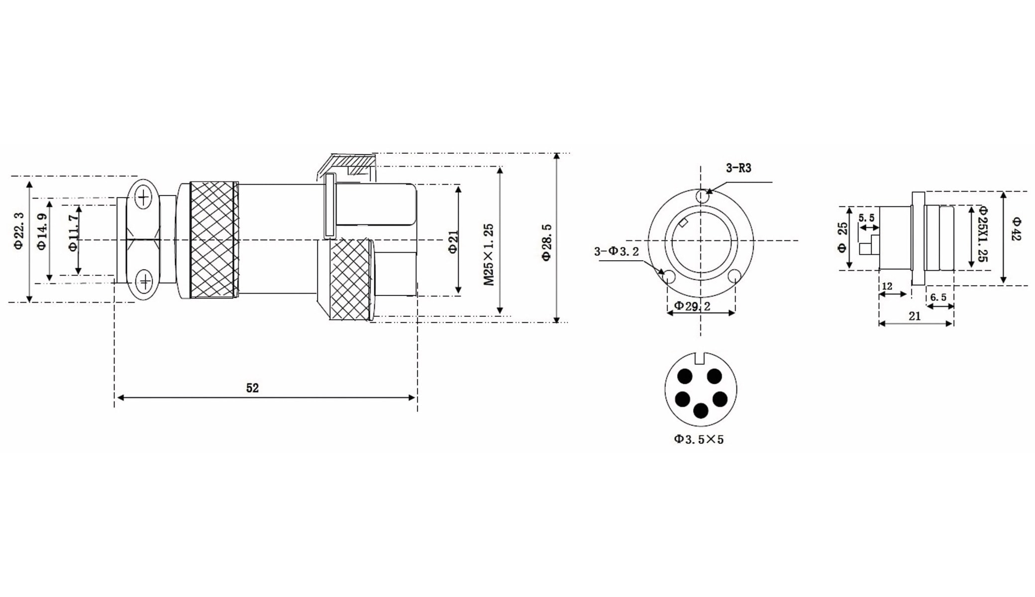 Hochstrom Einbaustecker-Set, 5-polig, Ø 25 mm, mit Abdeckkappe
