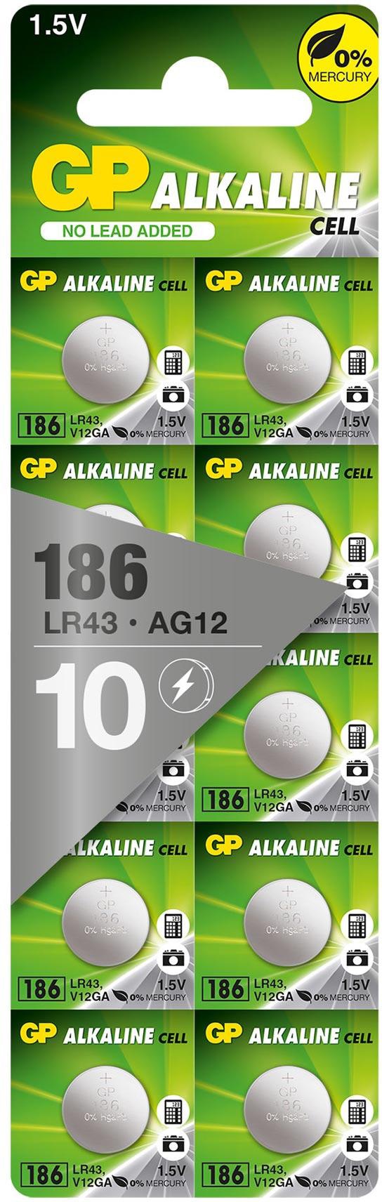 GP, 186 Alkaline Knopfzelle, 1,5 V, 10 Stück GP Alkaline-Knopfzelle LR43 V12GA, 1,5V, 10 Stück