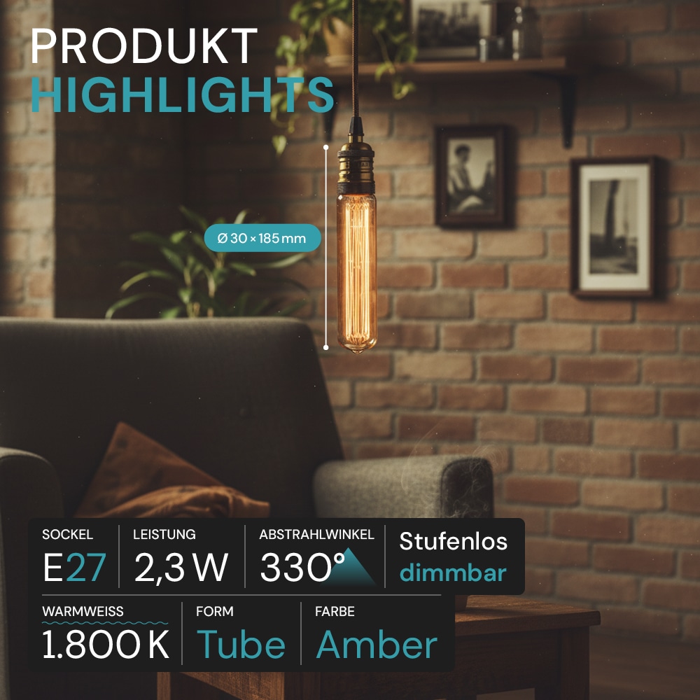 LUXULA LED-Filament-Lampe, Vintage Stab, E27, 2,3W, 65lm, 1800K