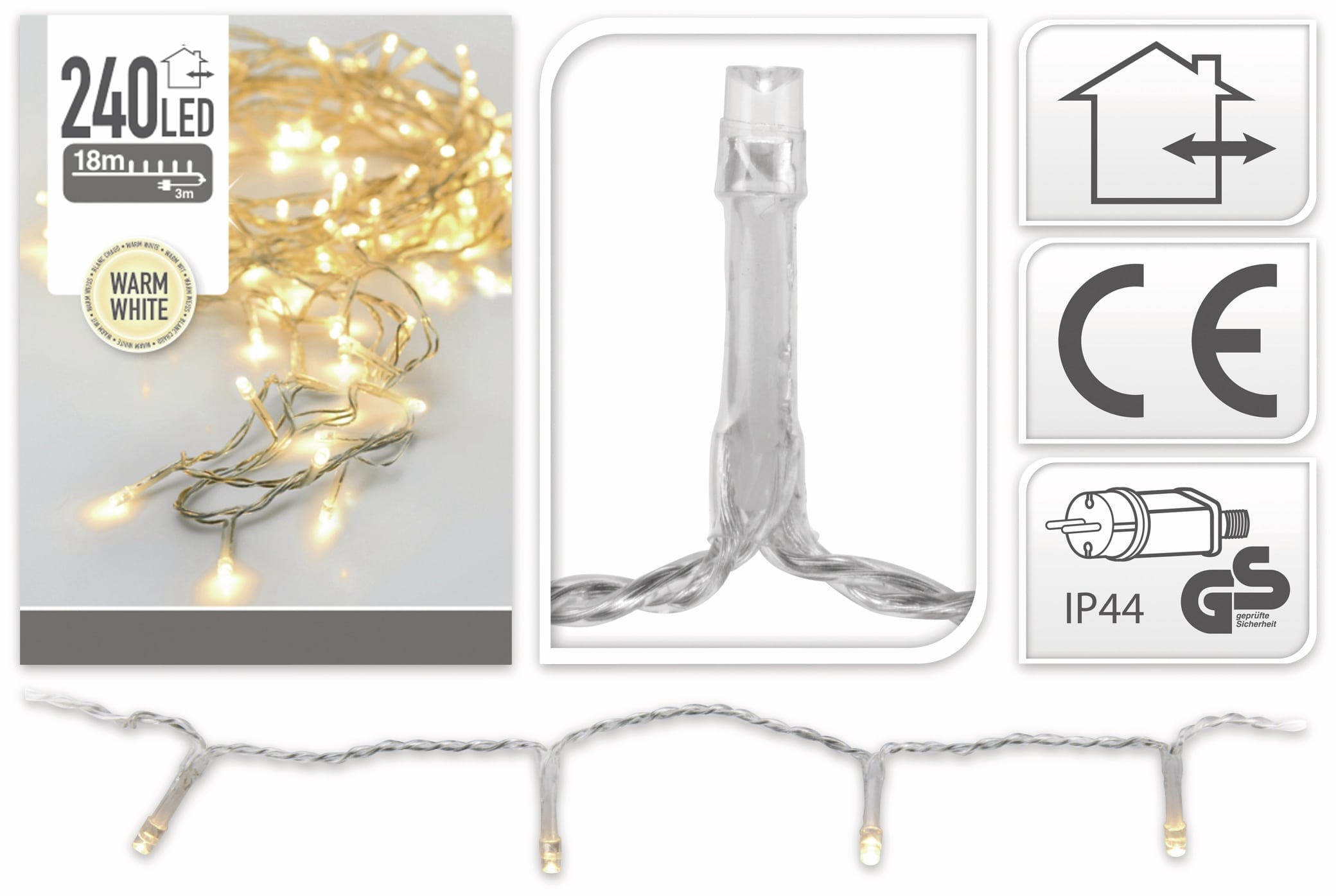 LED-Lichterkette, 240 LEDs, warmweiß, 230V~, IP44, Innen/Außen, silber/transparent LED-Lichterkette, 240 LEDs, warmweiß, 230V~, IP44, Innen/Außen, silber/transparent