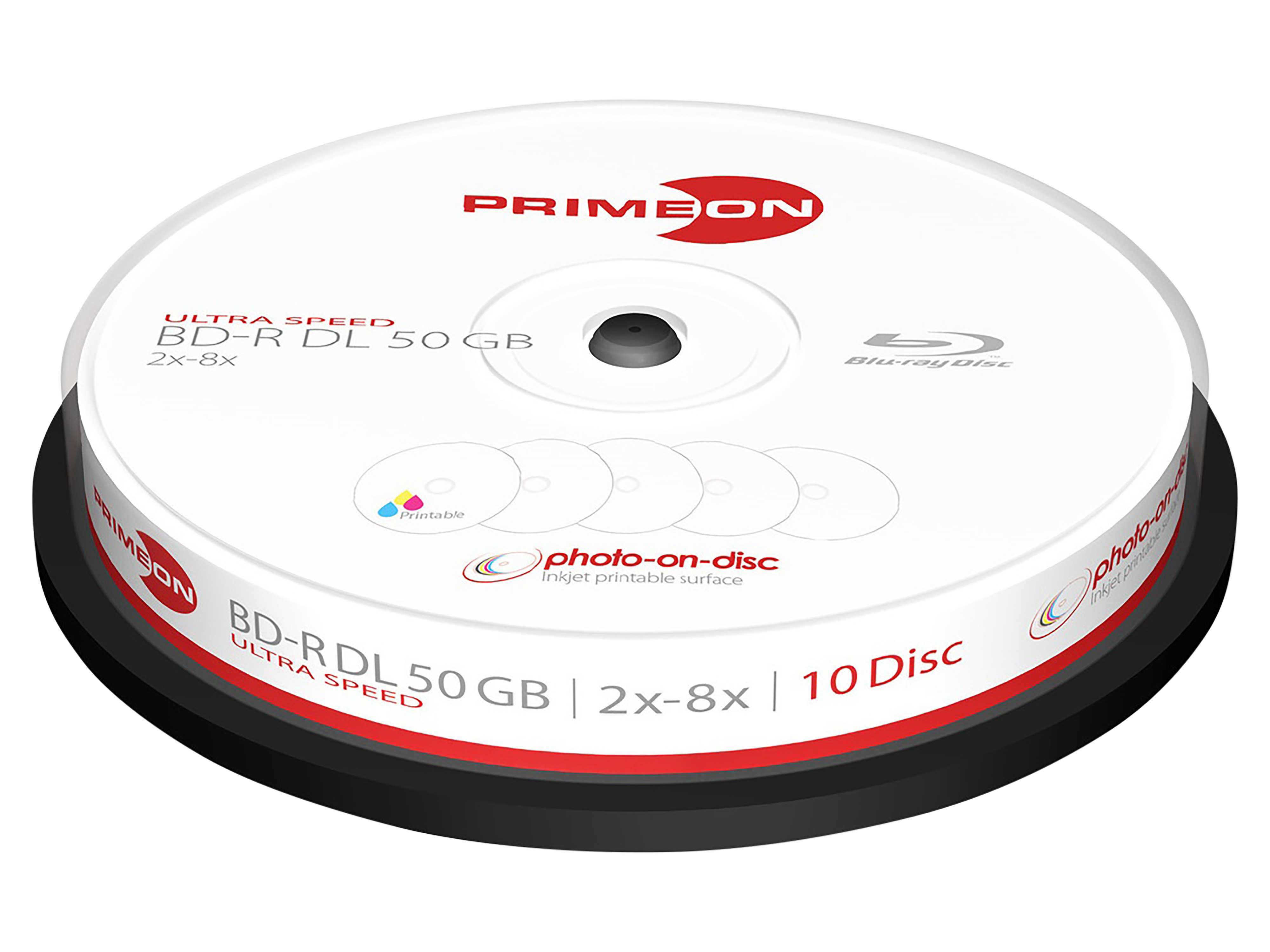 PRIMEON BD-Rohling BD-R DL 50GB 2-8x Cakebox 10 Stück printable