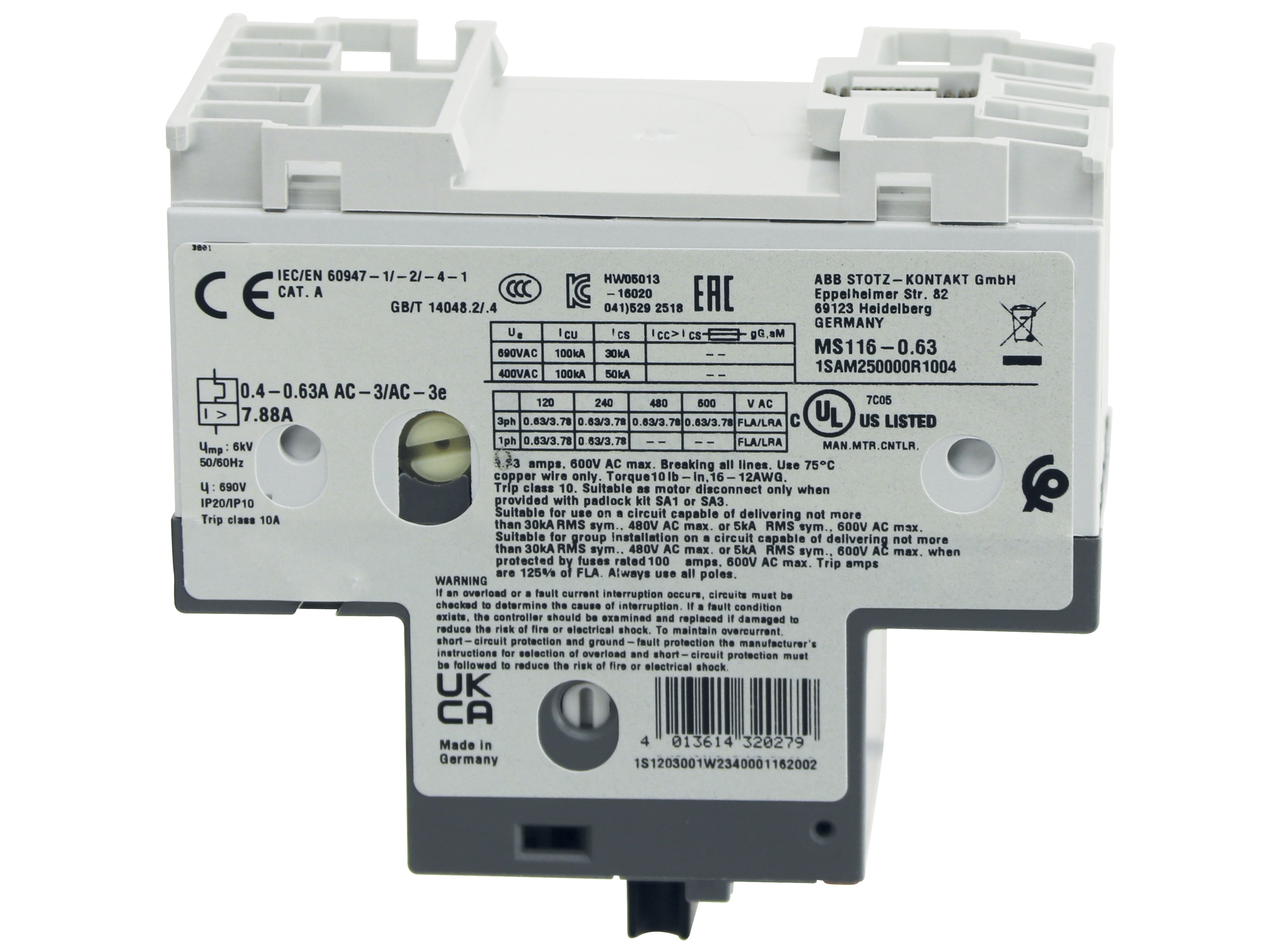 ABB Motorschutzschalter MS116-0.63, Auslöseklasse 10 A, 0.4...0.63 A