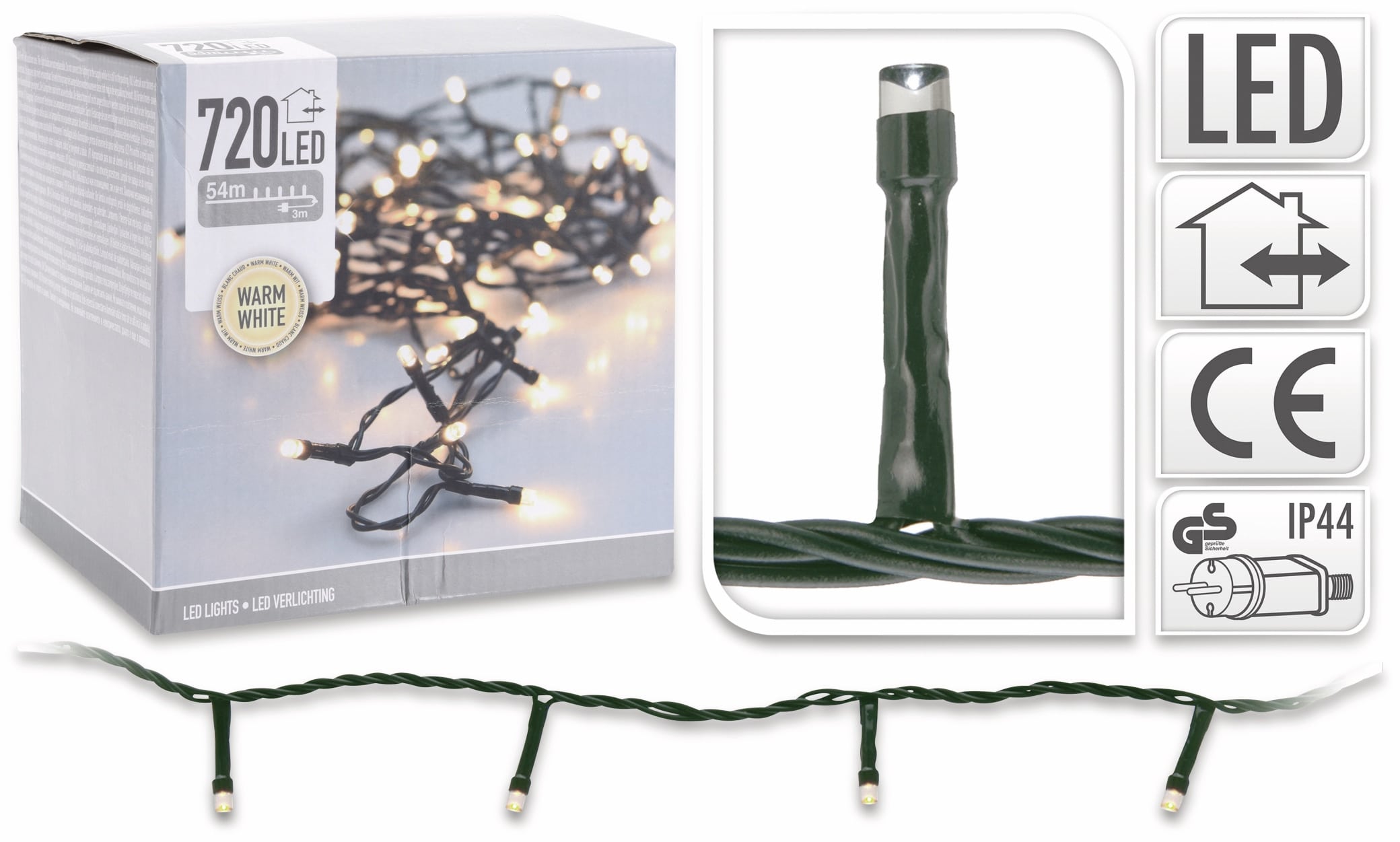 LED-Lichterkette, 720 LEDs, warmweiß, 230V~, IP44, Innen/Außen, grün LED-Lichterkette, 720 LEDs, warmweiß, 230V~, IP44, Innen/Außen, grün