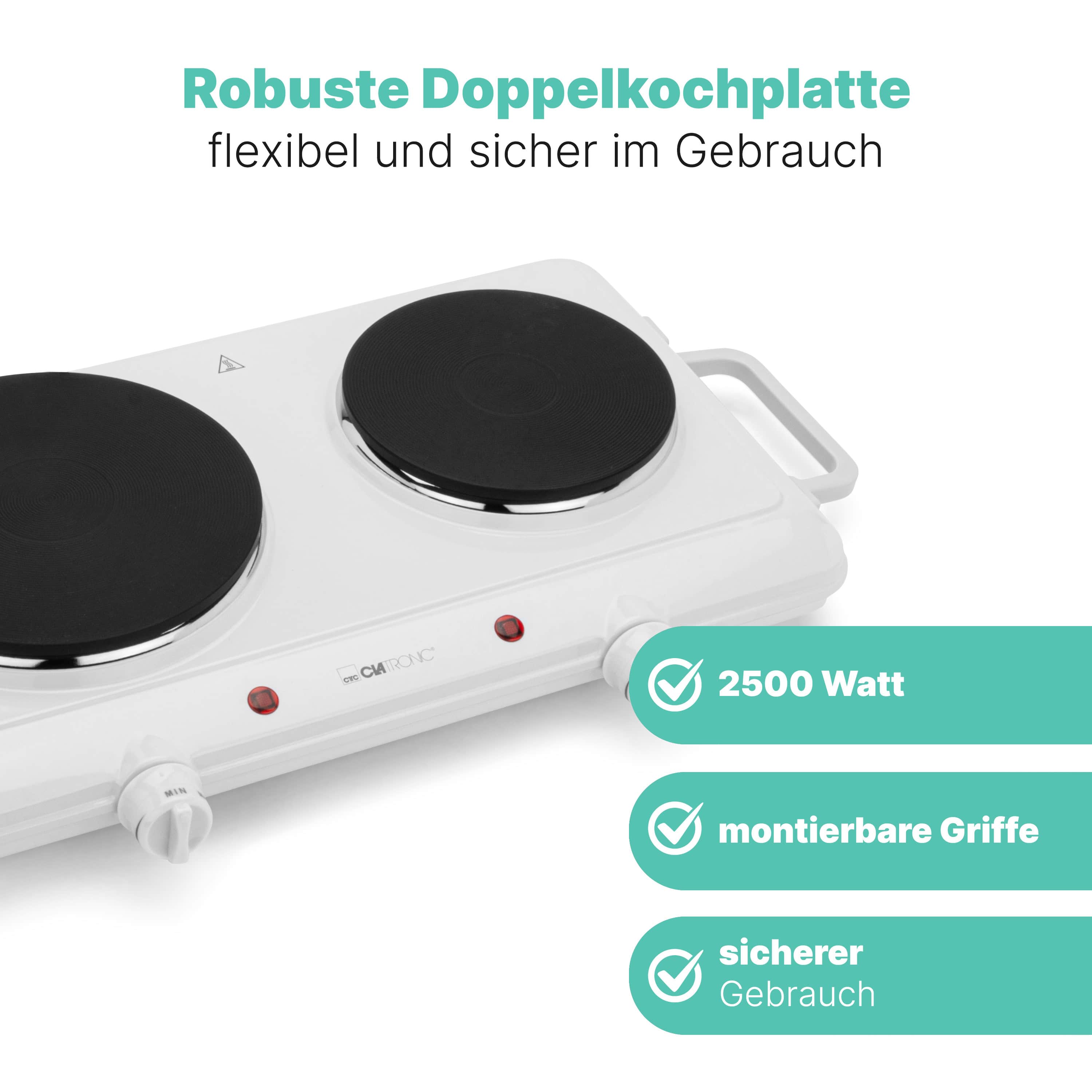 CLATRONIC Doppelkochplatte DKP 3583, 1x Ø180mm, 1500W, 1x Ø150mm, 1000W, weiß