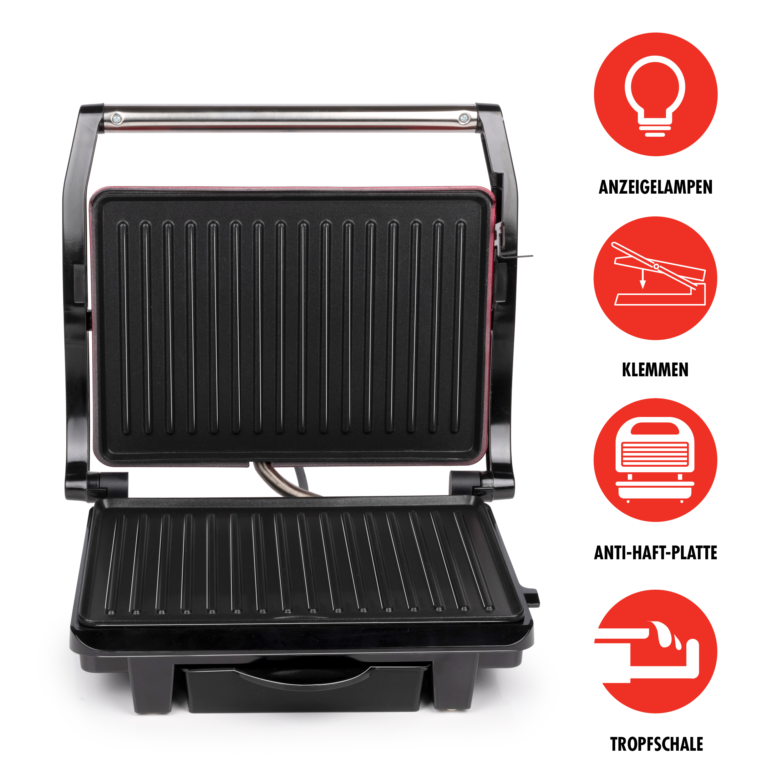 ALPINA Kontaktgrill, Multigrill, Panini, Sandwich, Fleisch, schwarz/rot, 1000W