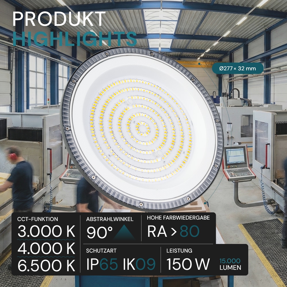 LUXULA LED-Hallenleuchte LX500136, HighBay, UFO, 150W, 15000lm, CCT, IP65