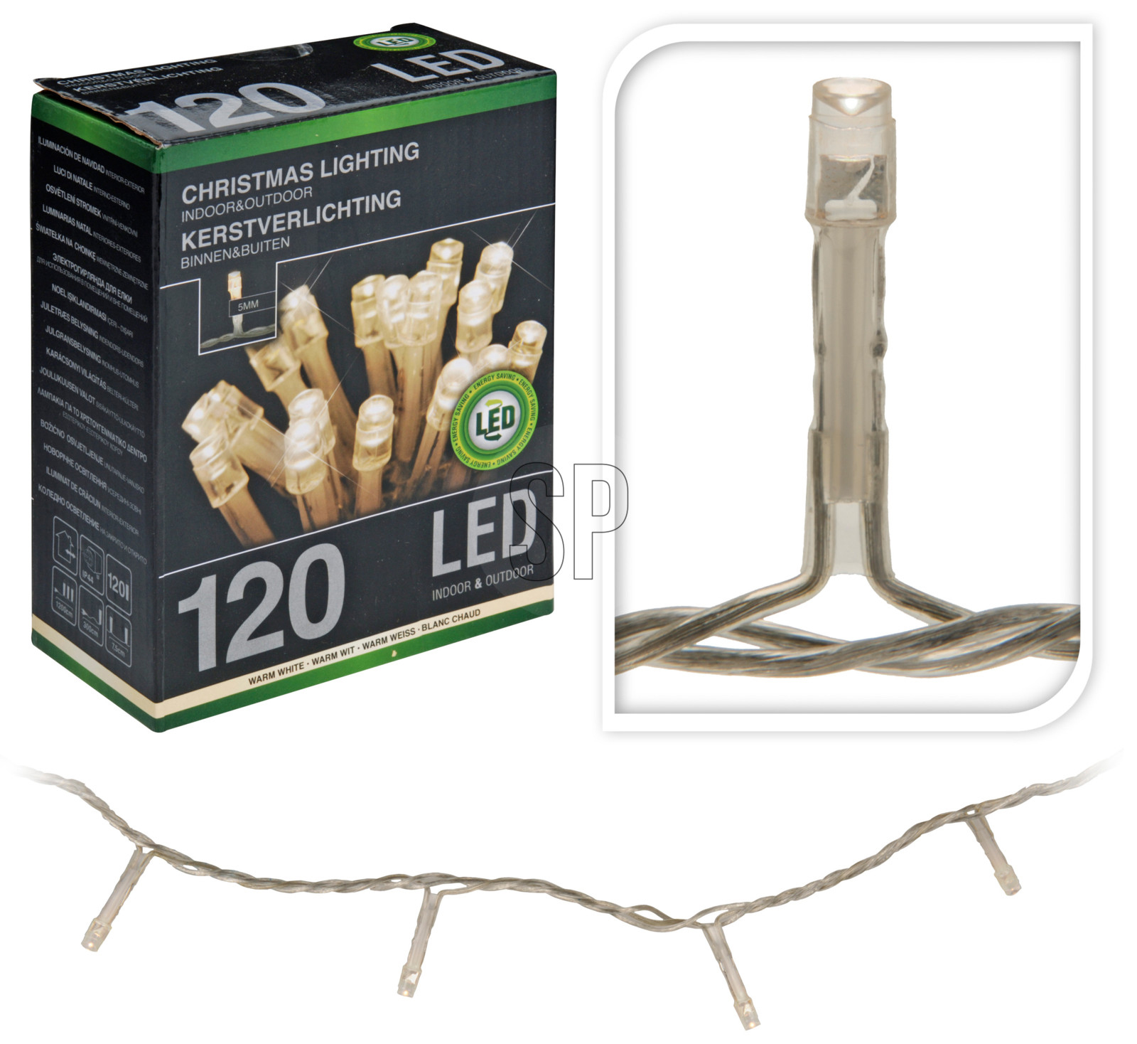 LED-Lichterkette, 120 LEDs, warmweiß, 230V~, IP44, Innen/Außen, silber/transparent