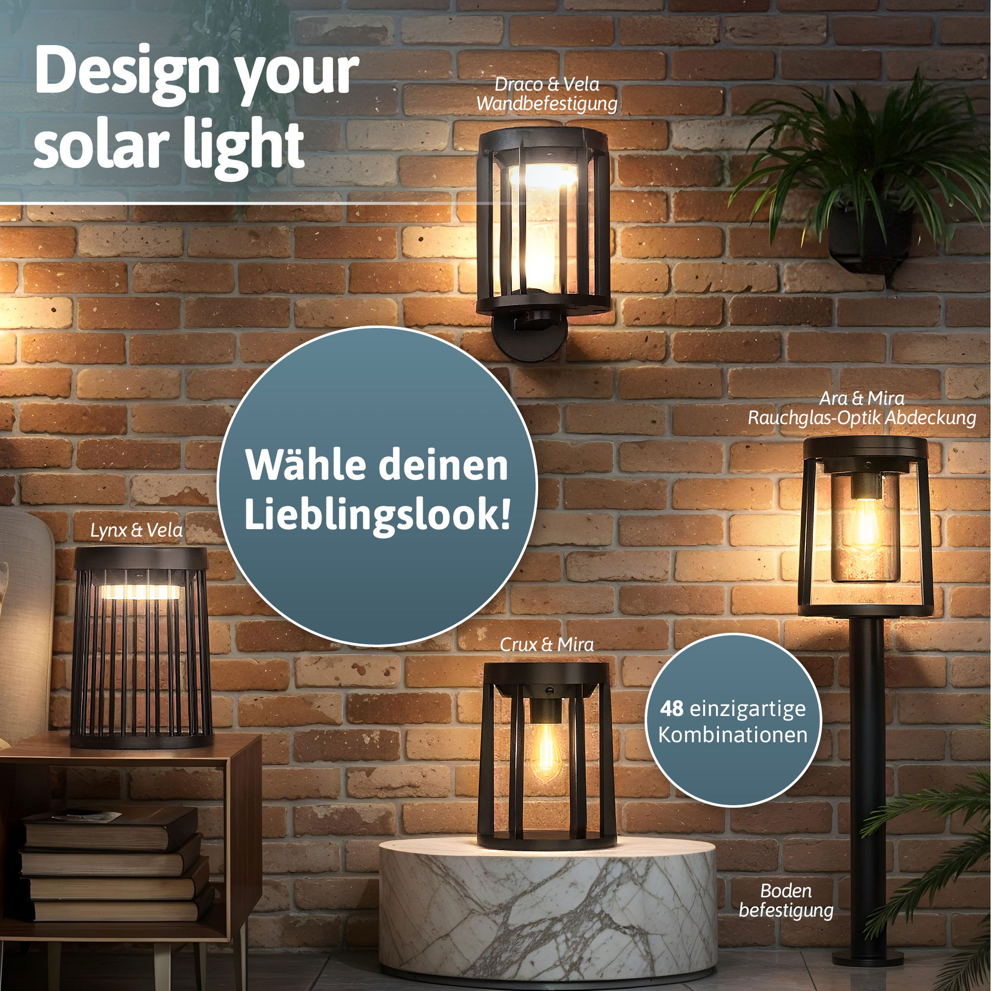 BRENDZ Solar LED-Tischleuchte, Mira & Crux, 40/200/400 lm, 2700 K, IP54