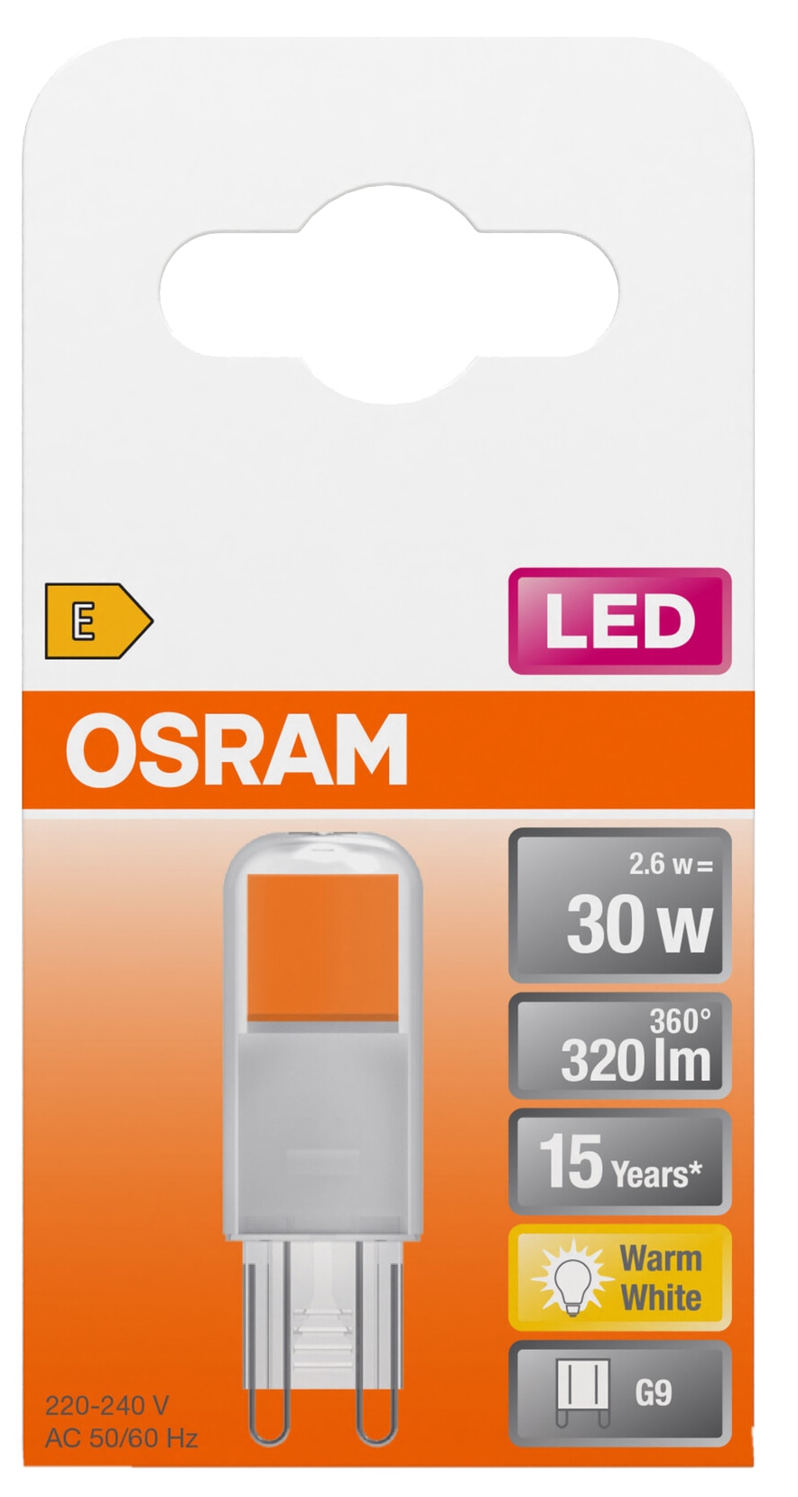 OSRAM LED-Stiftsockellampe PIN30, G9, EEK: E, 2,6W, 320lm, 2700K