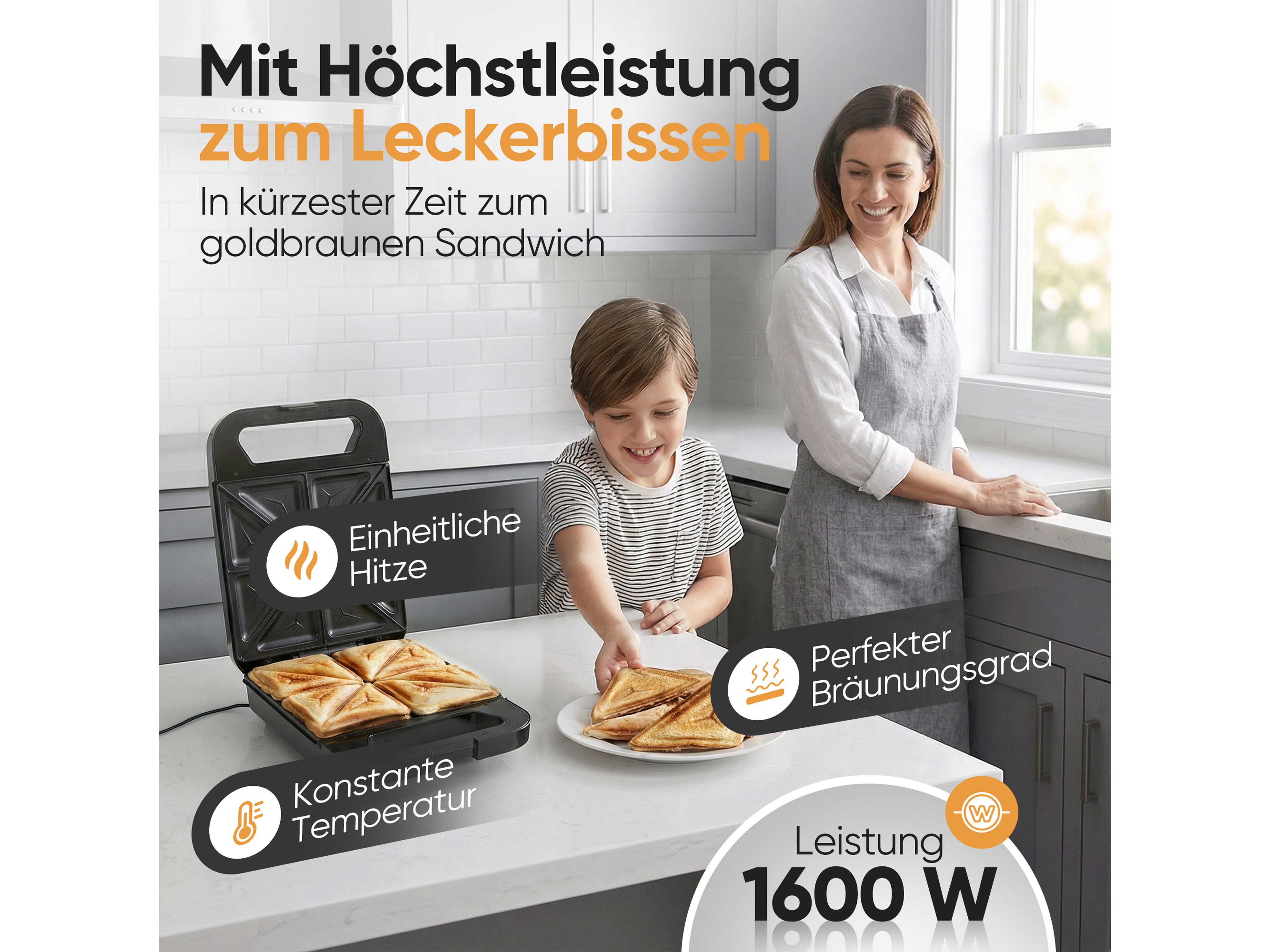 PROFICOOK Sandwichmaker PC-ST 1329, 4 Sandwiches, antihaftbeschichtet, 1600W