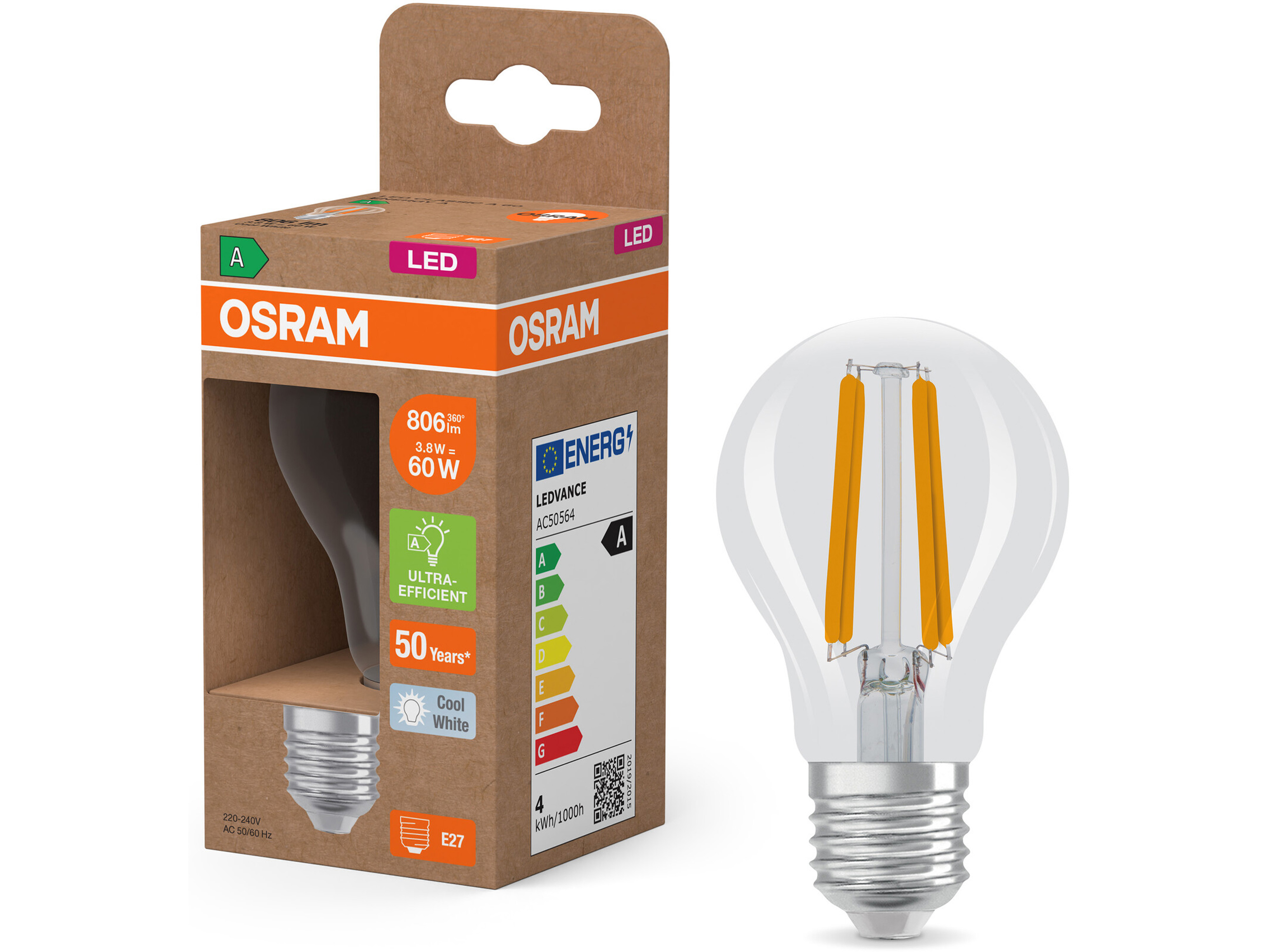 OSRAM LED-Lampe, Kolbenform, E27, 3,8 W, 4000 K, EEK: A, 806 lm, neutralweiß