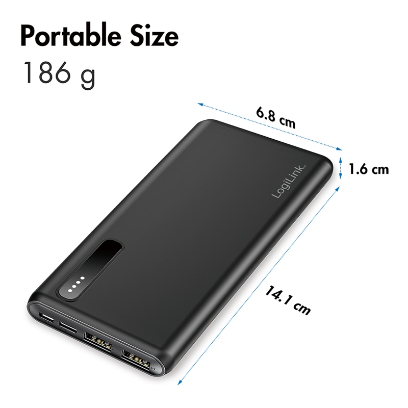 LOGILINK Powerbank PA0311 schwarz, 8000 mAh, 2x USB-A, 2-in-1-Kabel