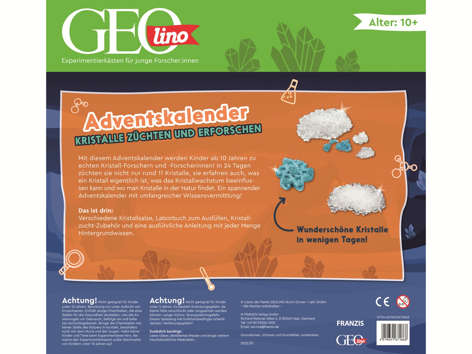FRANZIS Adventskalender, 67186, GEOLINO Adventskalender Kristalle züchten und erforschen
