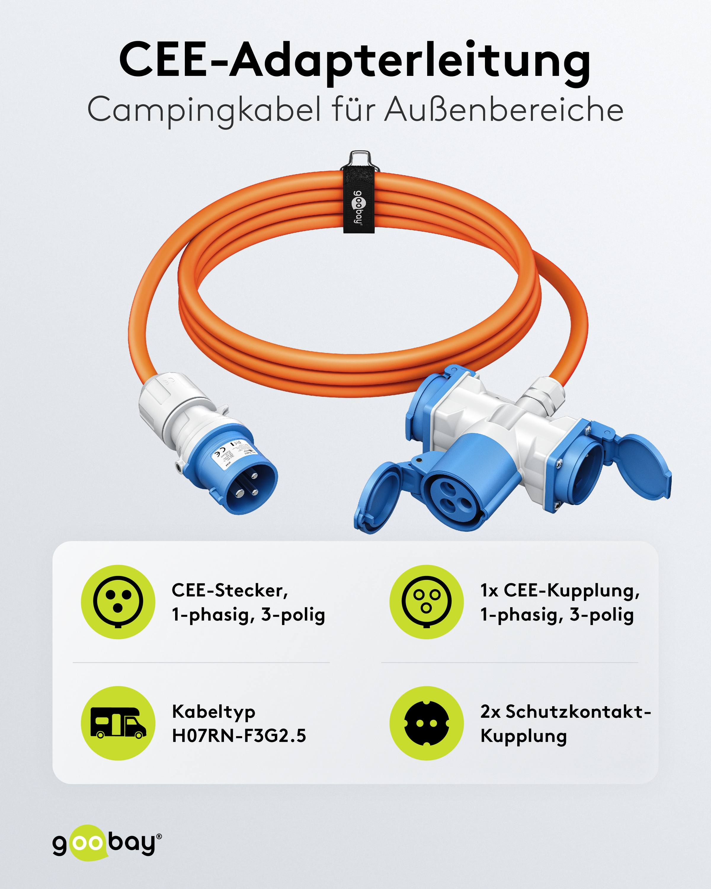 GOOBAY CEE-Adapterkabel 76266, 10 m, Stecker zu Kupplung + 2x Schutzkontaktkupplung