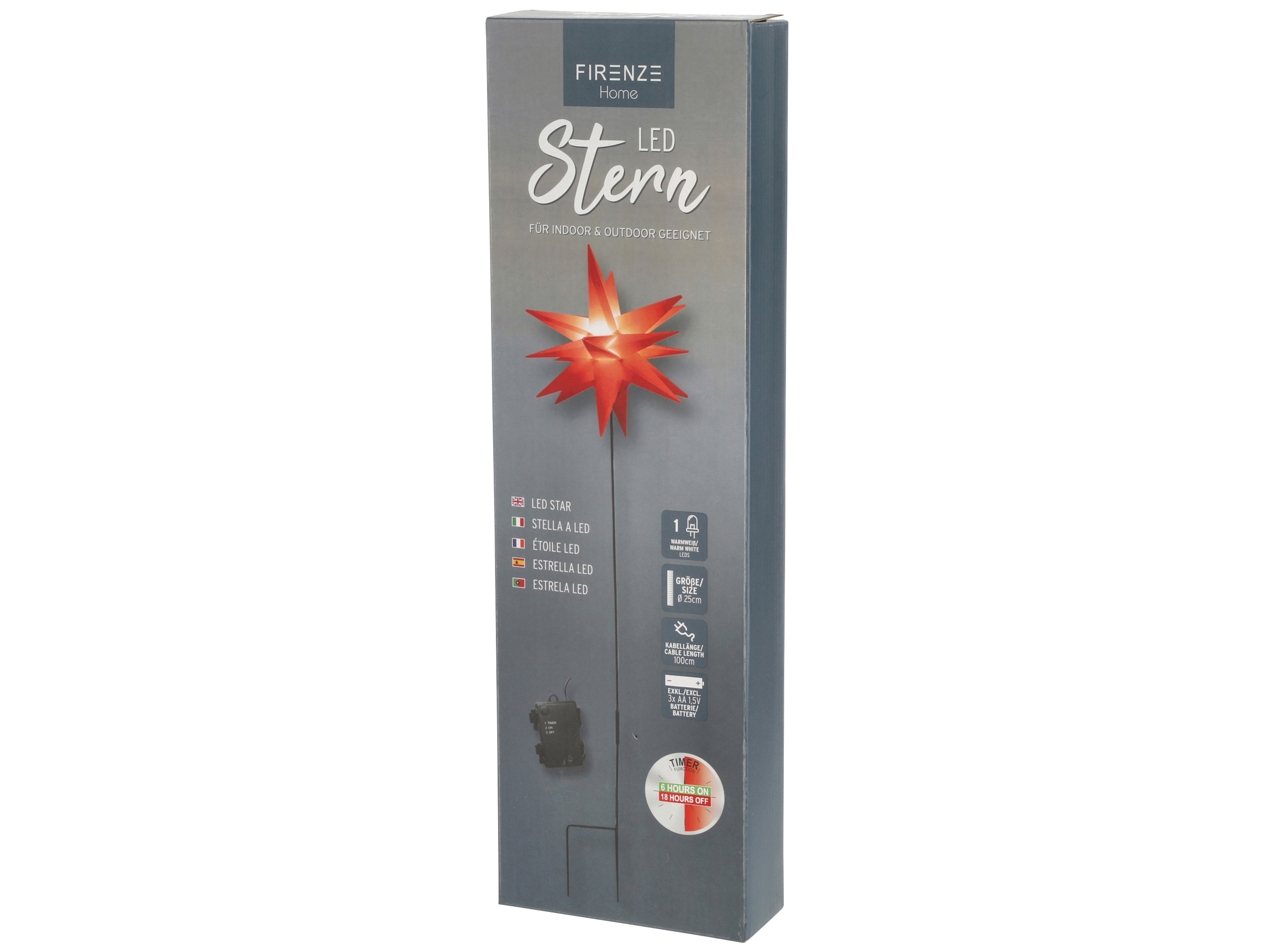 LED-Stern mit Stab, 1 LED, 25 cm, Outdoor, faltbar, rot