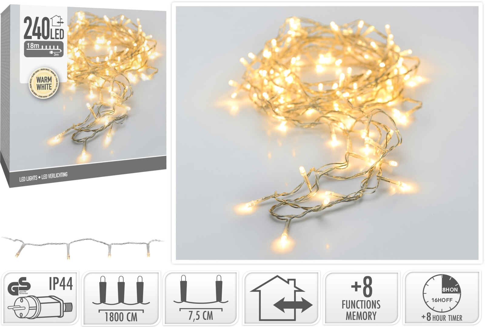 KOOPMAN LED-Lichterkette warmweiß, 240 LEDs, transparentes Kabel, Innen/Außen, 21m