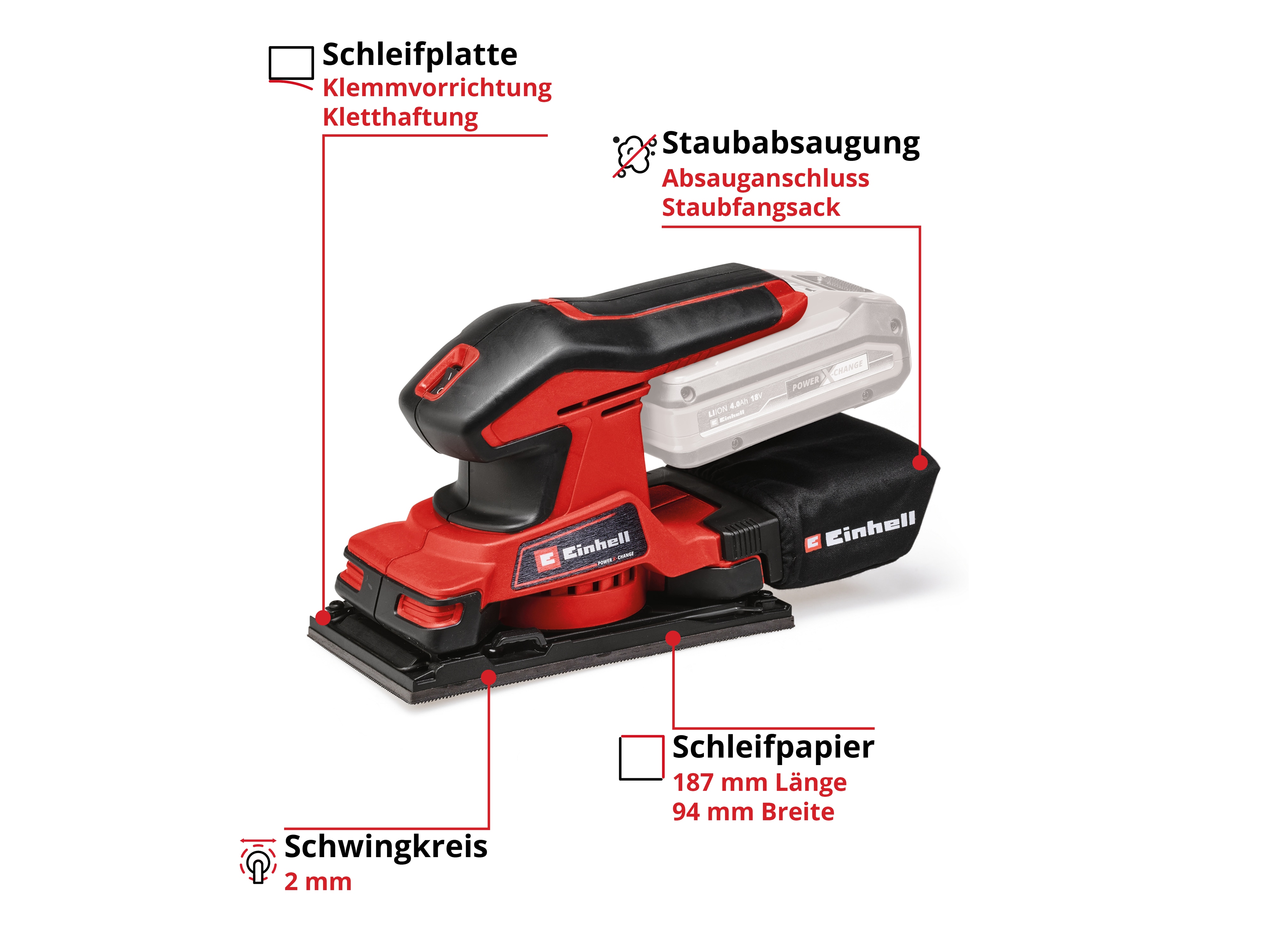EINHELL Akku-Schwingschleifer TC-OS 18/187 Li Solo