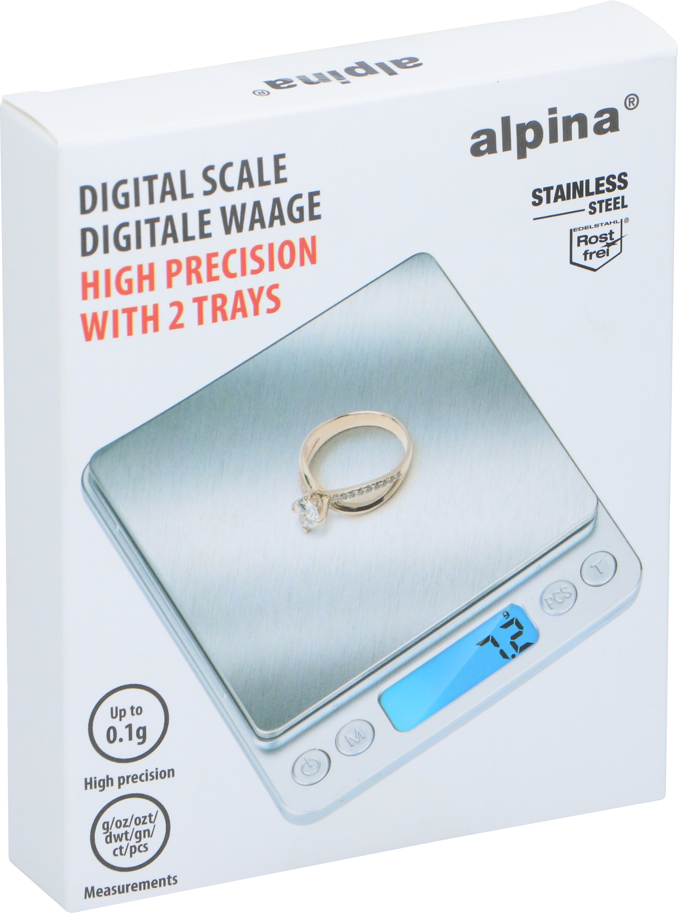 ALPINA Digitale Küchenwaage, Edelstahl, rostfrei, inkl. 2 Schalen
