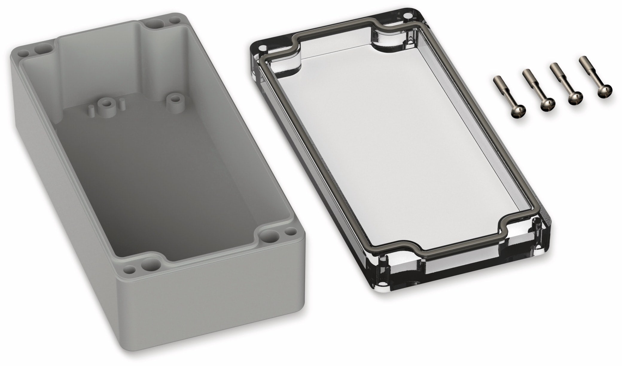 POLLIN, Polycarbonat Gehäuse, 160 x 80 x 55 mm, IP66, Lichtgrau, Glasklarer Deckel POLLIN, Polycarbonat Gehäuse, 160 x 80 x 55 mm, IP66, Lichtgrau, Glasklarer Deckel