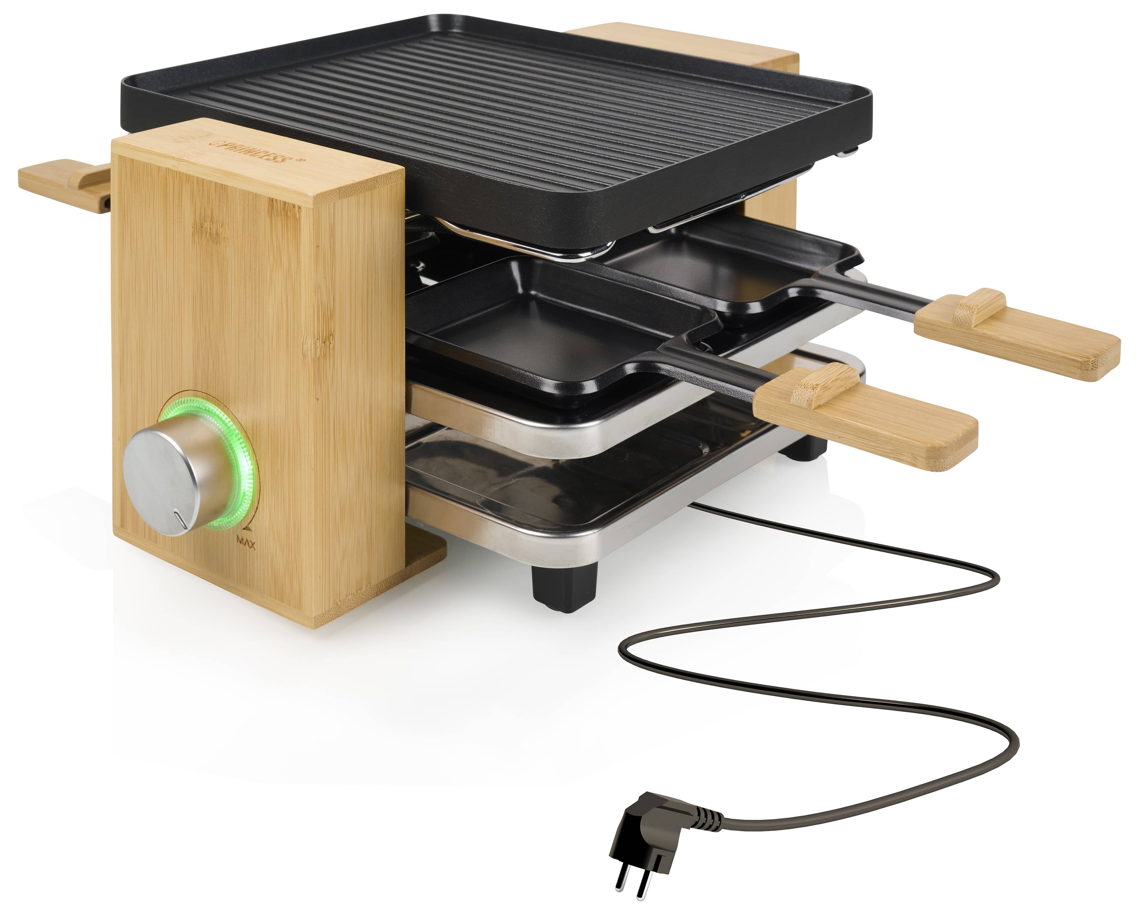 PRINCESS Raclette Pure 4, 800 W, Bambusgehäuse, 4 Pfännchen