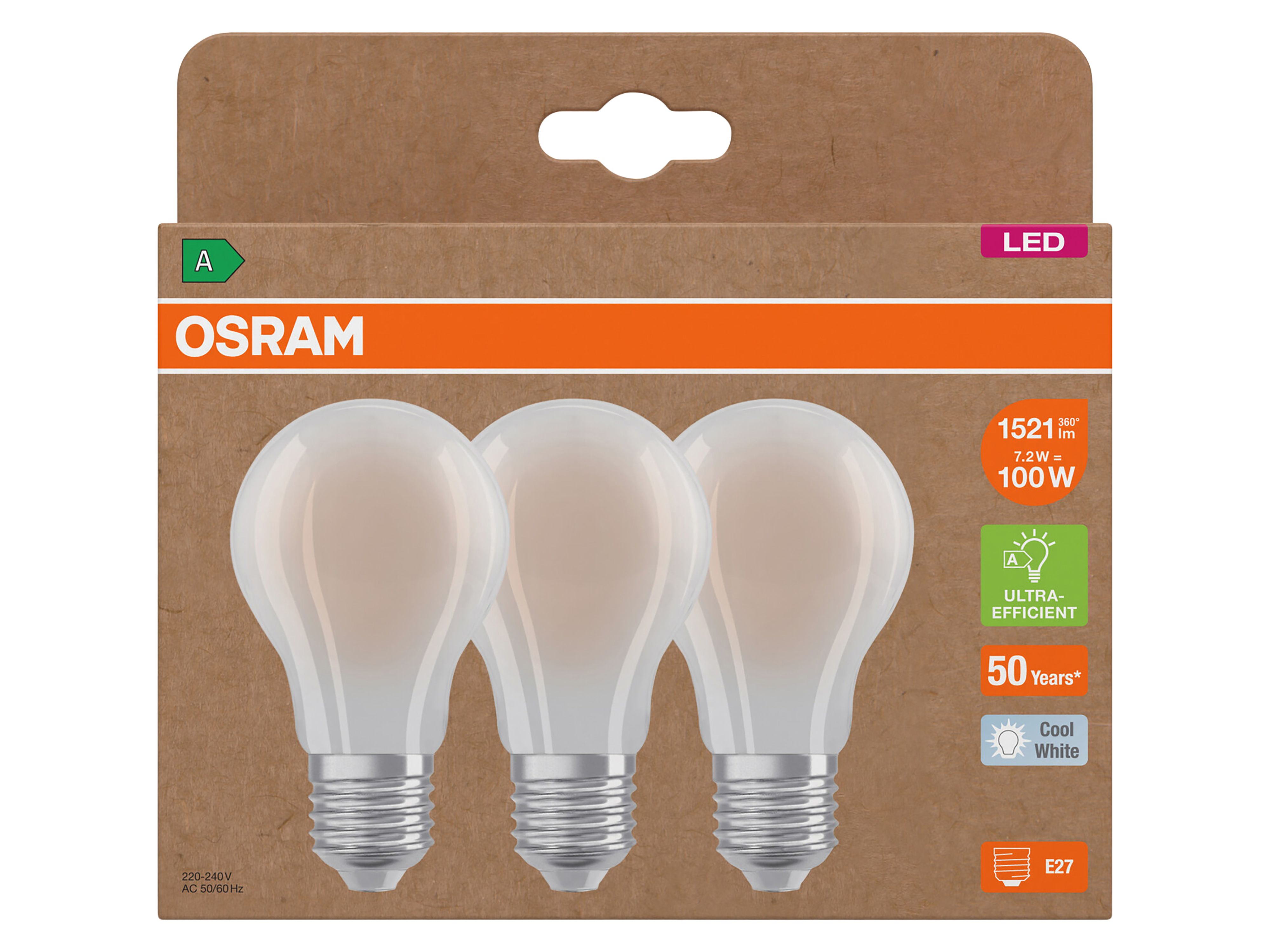 OSRAM LED-Lampe, E27, 7,2W, 4000K, EEK: A, 1521lm, neutralweiß, IP20, 3 Stück
