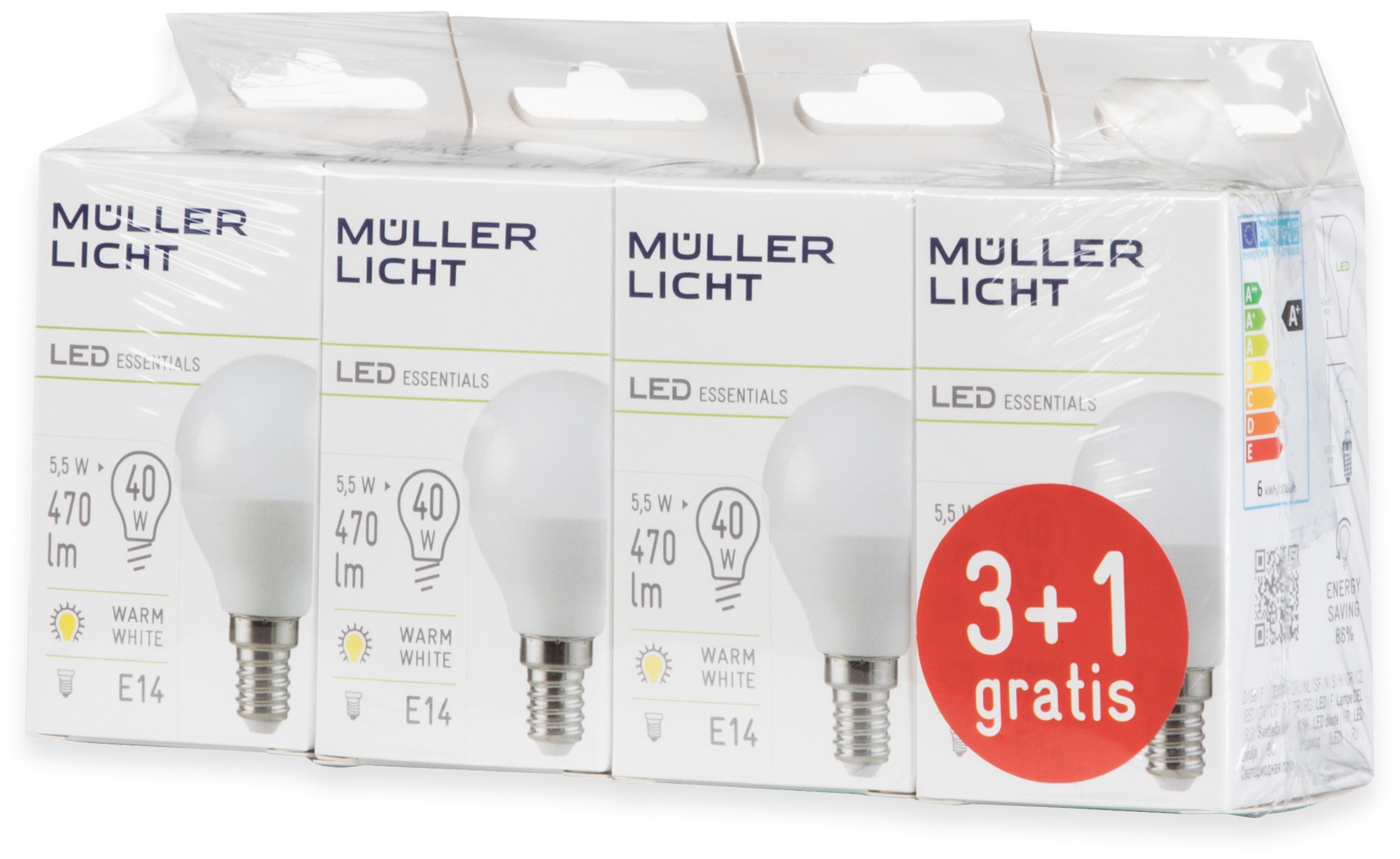 MÜLLER-LICHT LED-Lampe, Tropfenform, 400259, E14, EEK: F, 4,5W, 470 lm, 2700 K, matt, 4 Stück