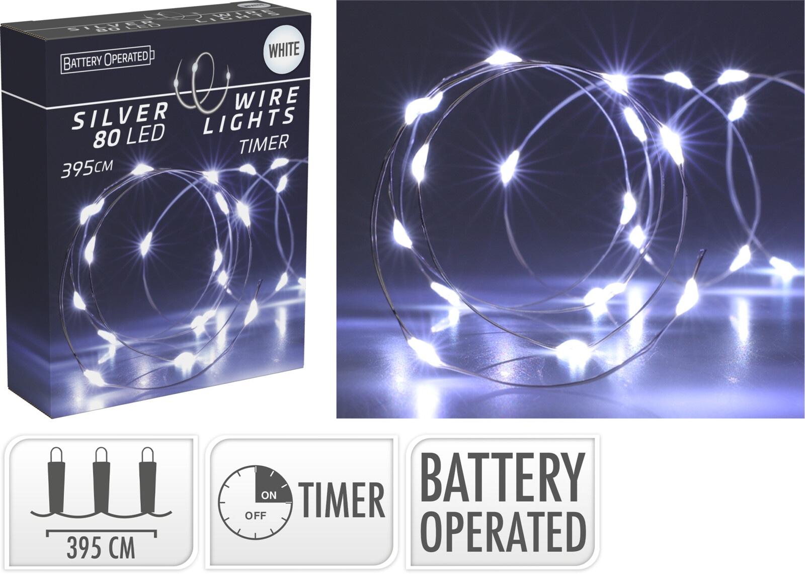 LED-Lichterkette Silberdraht 80 LEDs, kaltweiß, Batteriebetrieb