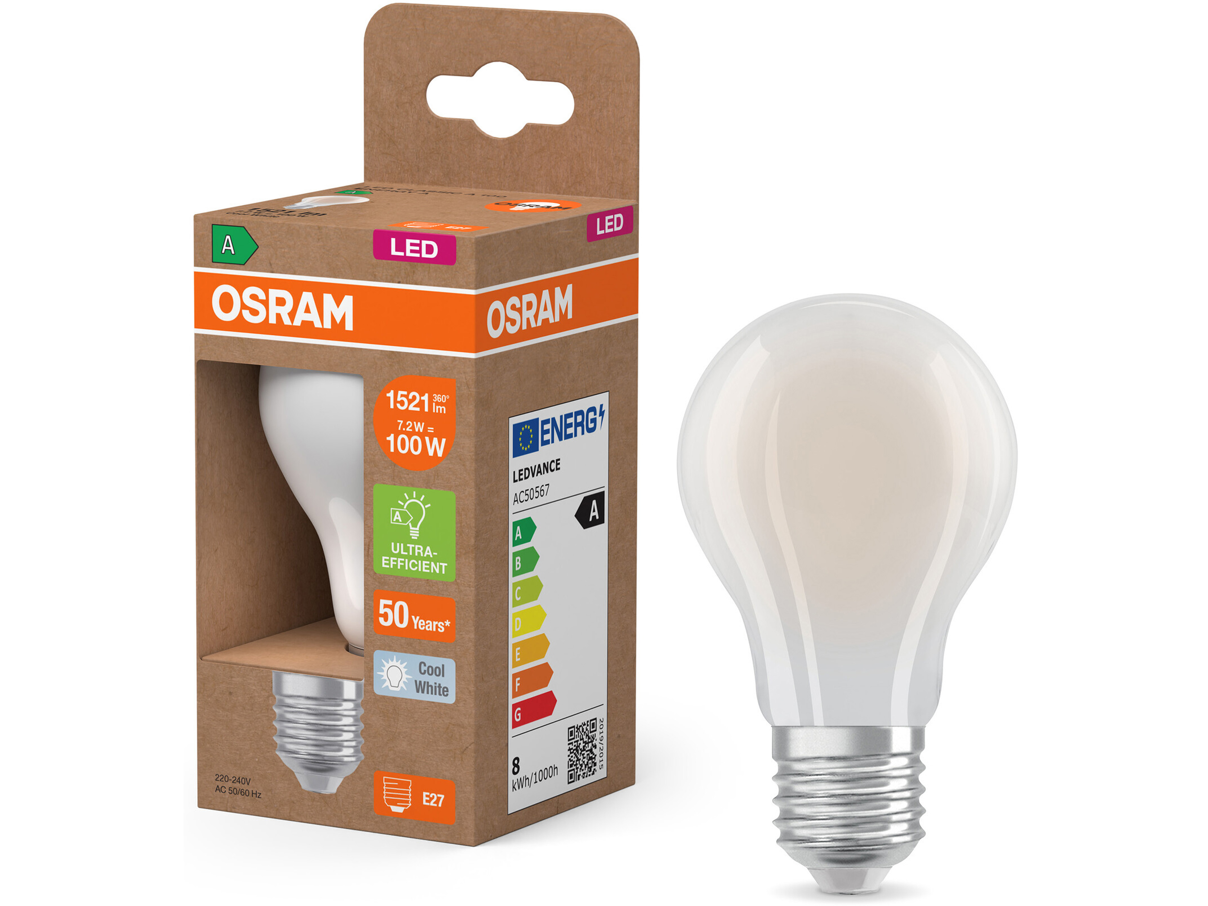 OSRAM LED-Lampe, Kolbenform, E27, 7,2 W, 4000 K, EEK: A, 1521 lm, neutralweiß