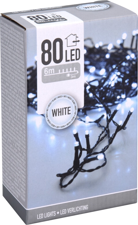 LED-Lichterkette kaltweiß, 80 LEDs, Grünes Kabel, Innen/Außen, 6m