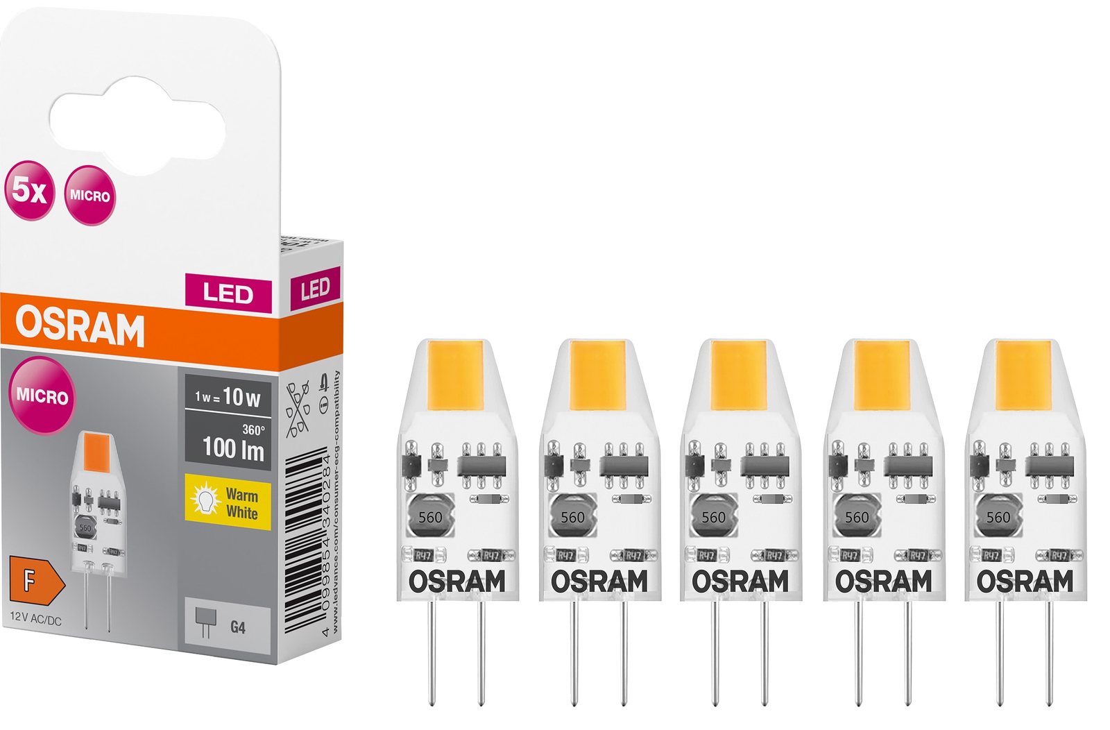 OSRAM LED-Lampe PIN, 5 Stück, G4, 1 W, 100 lm, 2700 K