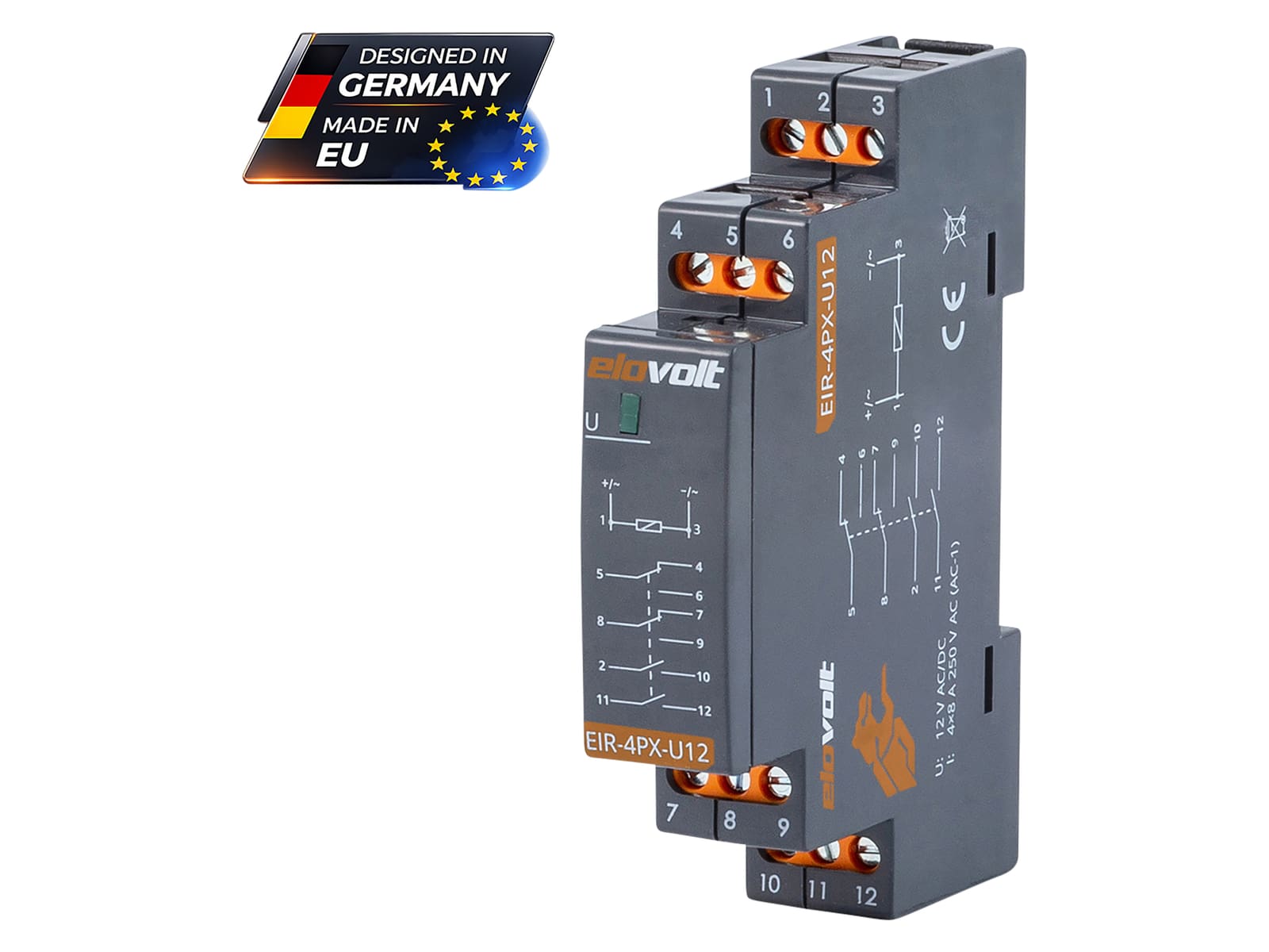 ELOVOLT Schaltrelais EIR-4PX-U12, 4x 8 A, 12 V, 2 Schliesser + 2 Wechsler