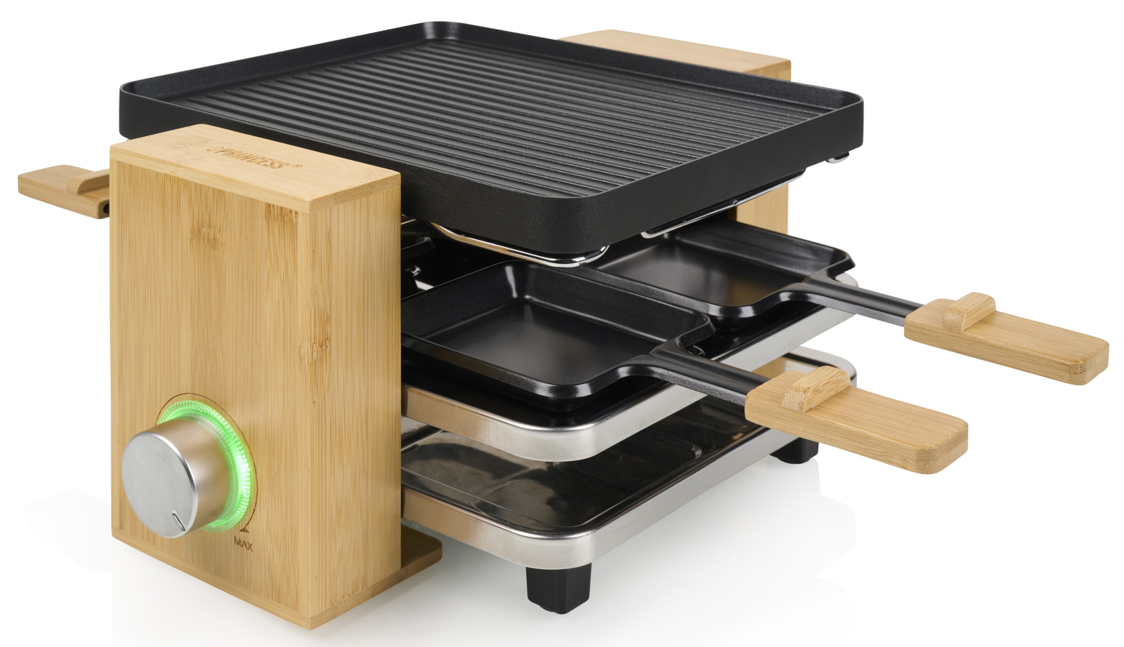 PRINCESS Raclette Pure 4, 800 W, Bambusgehäuse, 4 Pfännchen