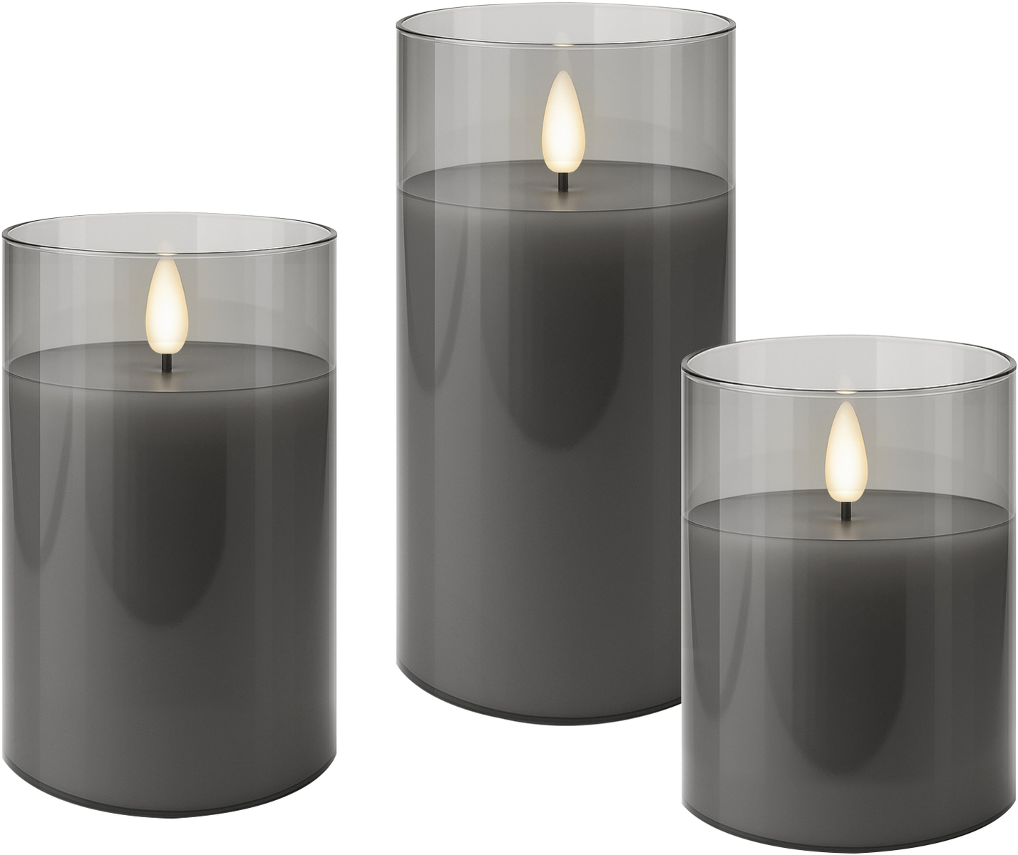 GOOBAY LED-Echtwachskerze, Glas, Timerfunktion, 3 Stück, warmweiß, grau