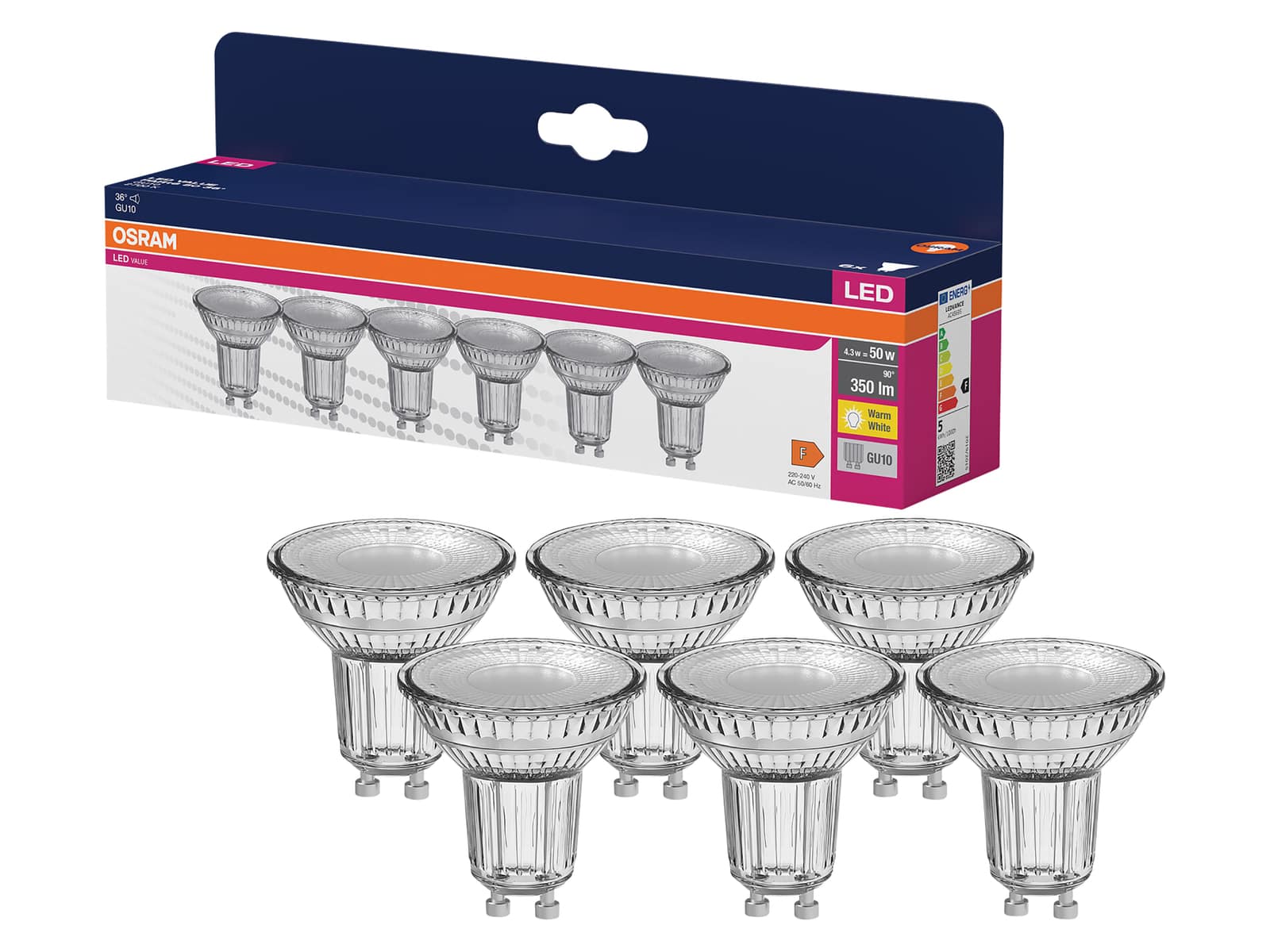 OSRAM LED-Lampe PAR16, 6 Stück, GU10, 4,3 W, 350 lm, 2700 K
