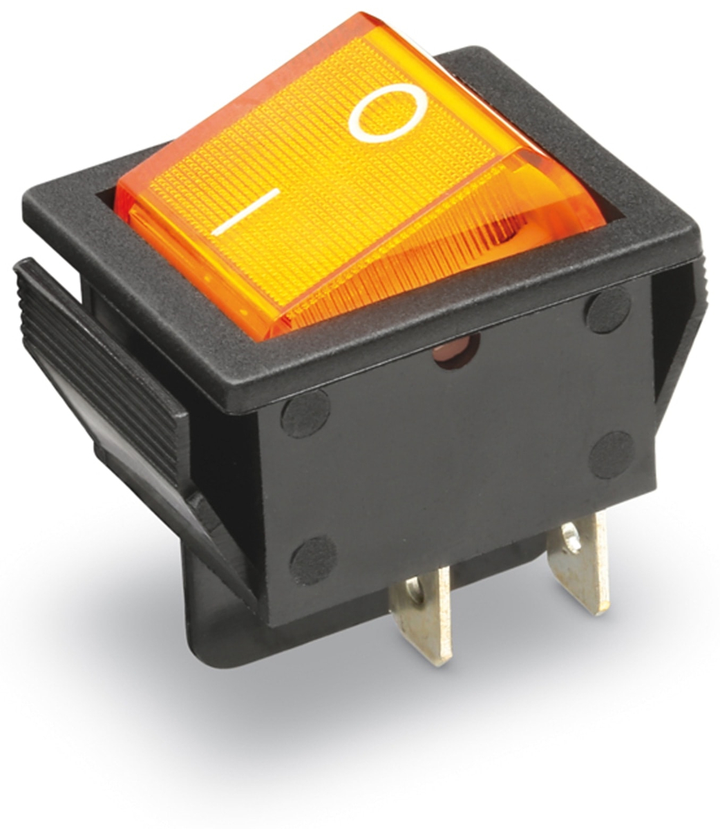 Wippenschalter 2-pol., I-0, gelb beleuchtet, 26x22 mm