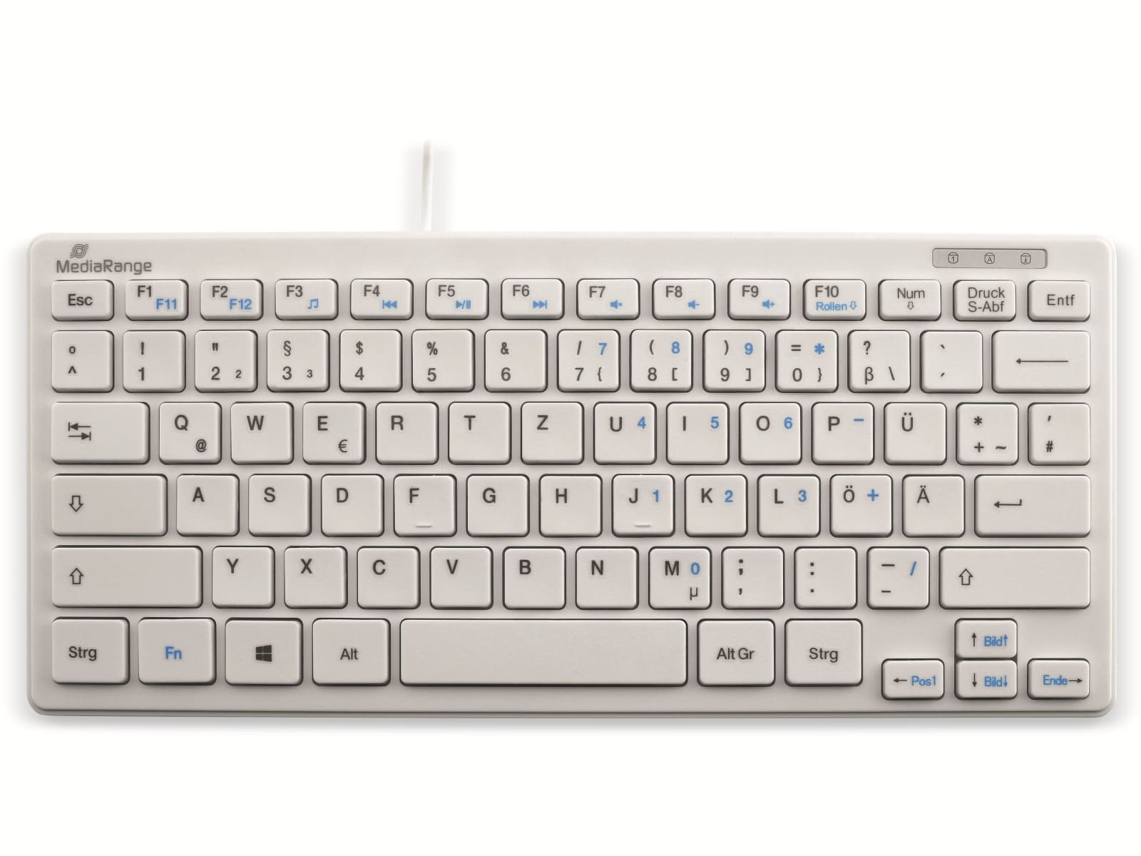 MediaRange: Tastatur Funk QWERTZ (DE/AT), 1,8m Kabel kompakt, Weiß | Multimedia-/Funktionstasten | QWERTZ Layout