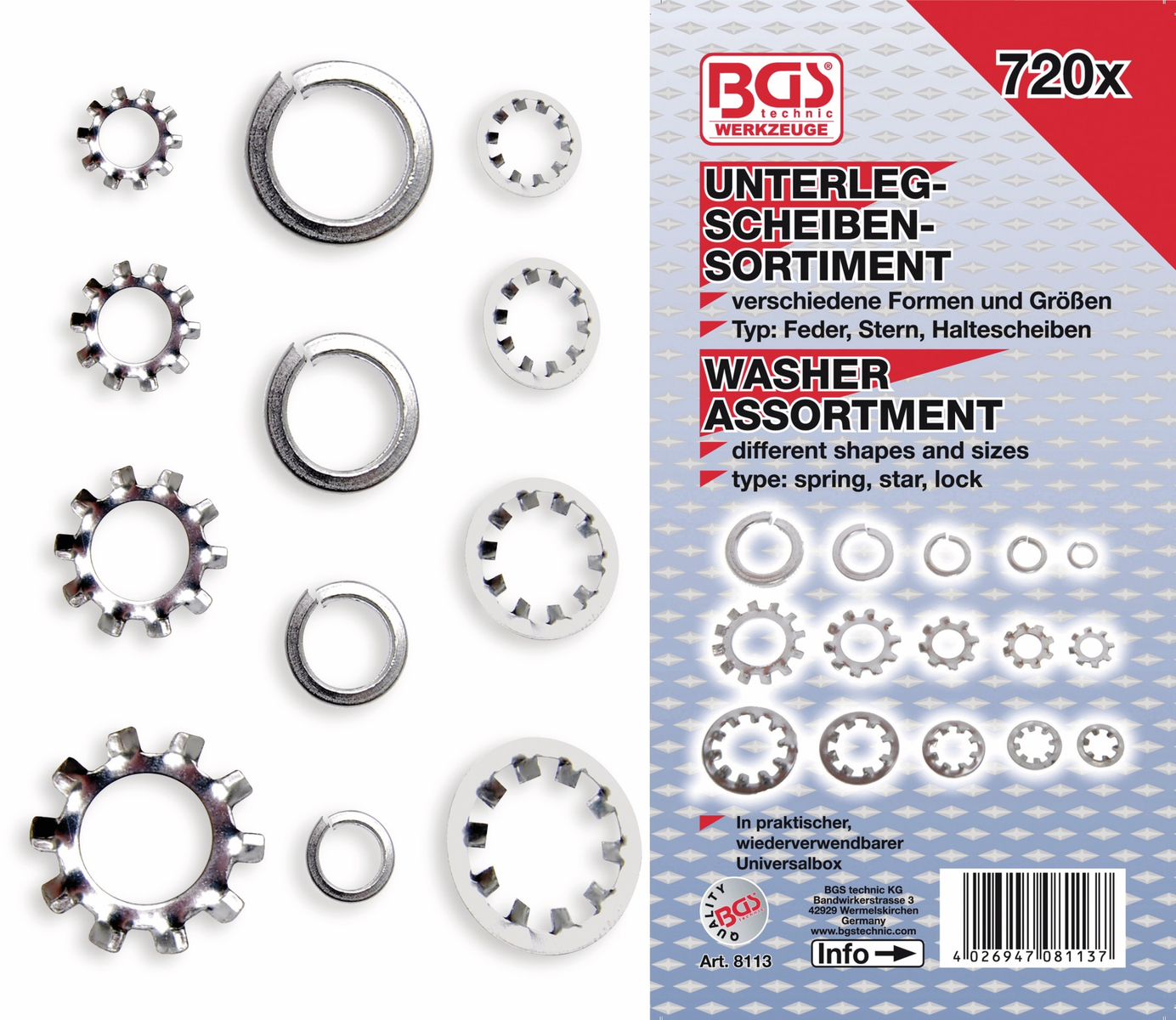 Image of BGS TECHNIC Sort. Unterlegscheiben, 8113, 720-tlg