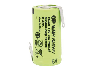 NiMH-Akku, GP, Industriezelle mit Lötfahnen, 28,7x14,5mm, 1,2V/750mAh