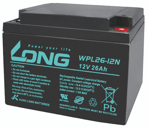 Long WPL26-12N-M WPL26-12N-M Bleiakku 12 V 26 Ah Blei-Vlies (AGM) (B x H x T) 166 x 125 x 175 mm M5-Schraubanschluss Geringe Selbstentladung Wartungsfrei