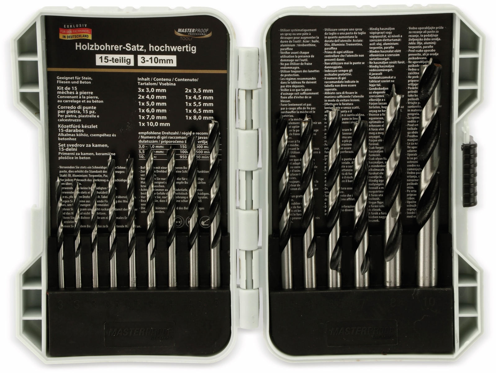 Holzbohrer-Satz 15 teilig 3…10 mm in Kunststoffbox - Masterproof