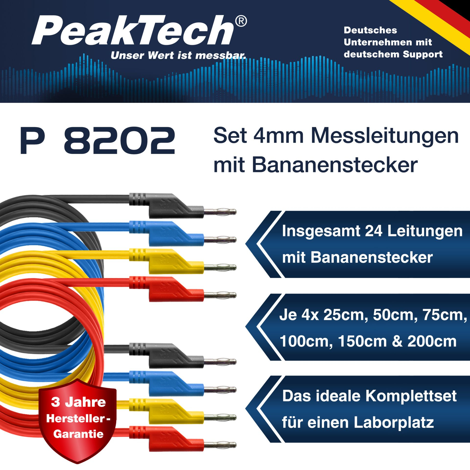 PeakTech 7046 Messleitungen Set – 4 Stück, 25 Cm, 4mm Bananenstecker, Stapelbar, In Rot, Schwarz, Blau & Gelb, Für Multimeter & Labornetzgeräte Messleitungen Set PeakTech 7046