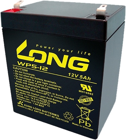 Long WP5-12 F2 WP5-12 F2 Bleiakku 12 V 5 Ah Blei-Vlies (AGM) (B x H x T) 90 x 107 x 70 mm Flachstecker 635 mm Geringe Selbstentladung Wartungsfrei